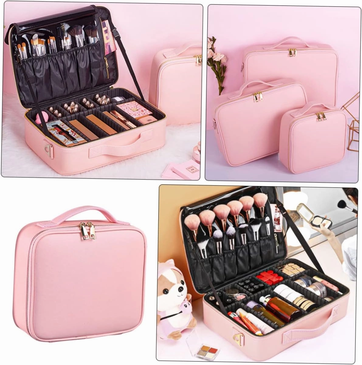 Makeup Case Compartments Large Cosmetics Train Bag Storage with Divider Barber Adjustable Pu Travel, Pink, 26x23cm