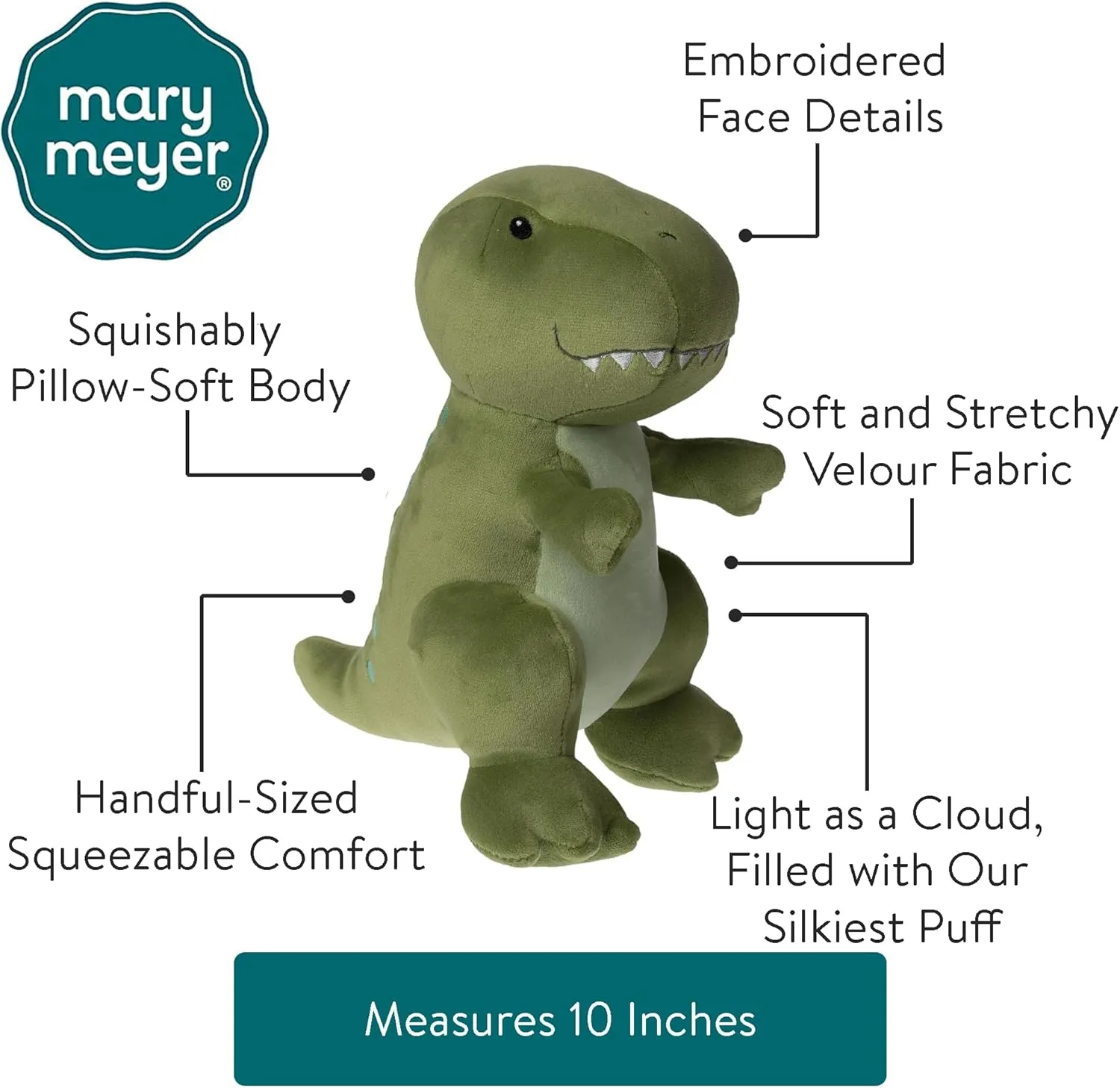 Mary Meyer Stuffed Animal Smootheez Pillow-Soft Toy, 10-Inches, Green T Rex Dinosaur