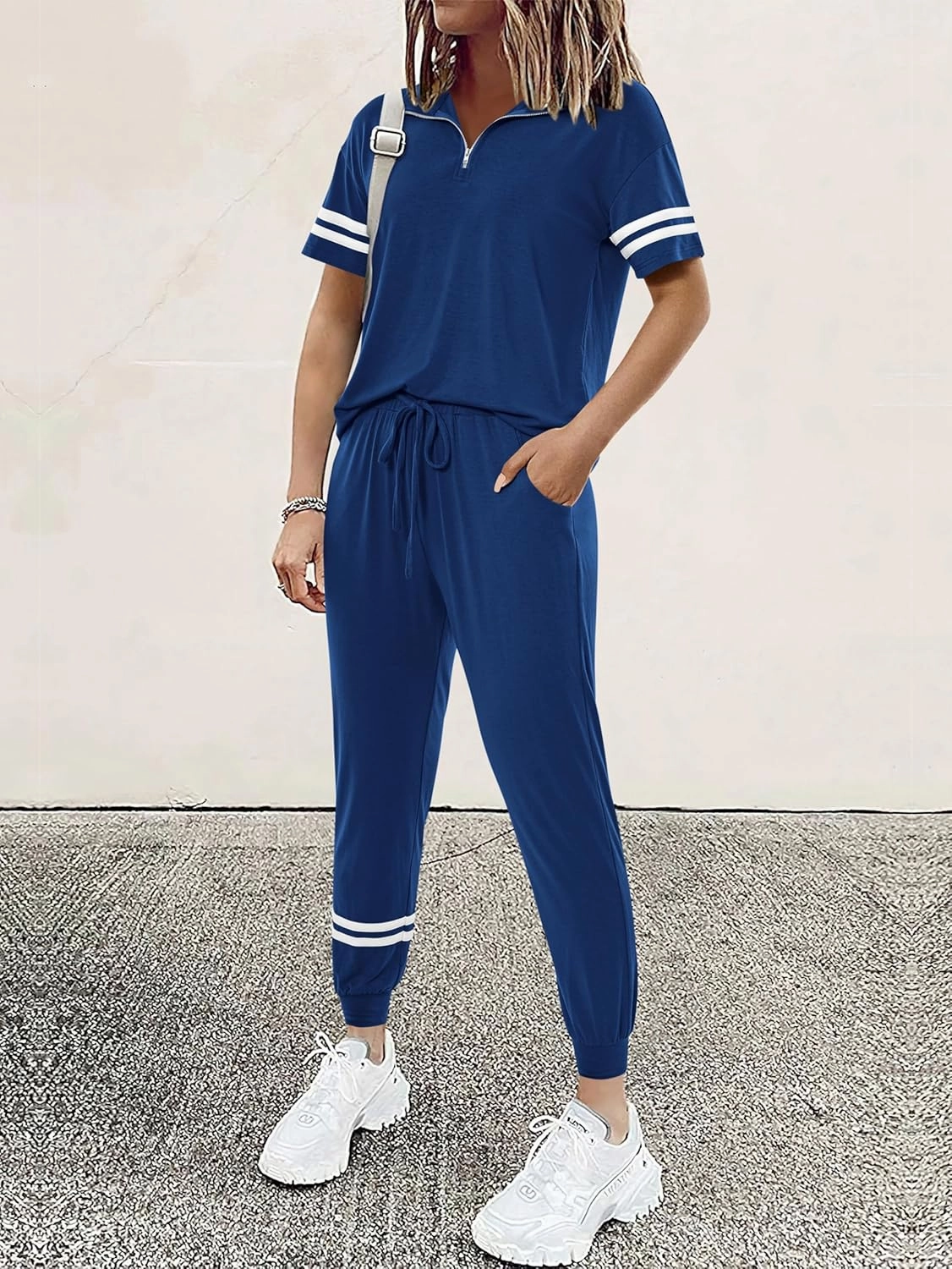 MASCOMODA 2 Piece Outfits for Women 2025 Summer Casual Quarter Zip Short Sleeve Tops Long Pants Tracksuit Jogger Lounge Sets