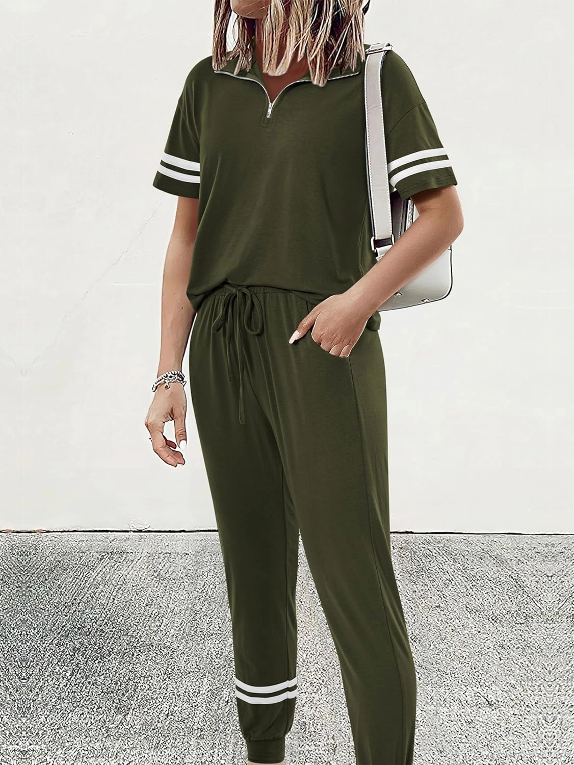 MASCOMODA 2 Piece Outfits for Women 2025 Summer Casual Quarter Zip Short Sleeve Tops Long Pants Tracksuit Jogger Lounge Sets