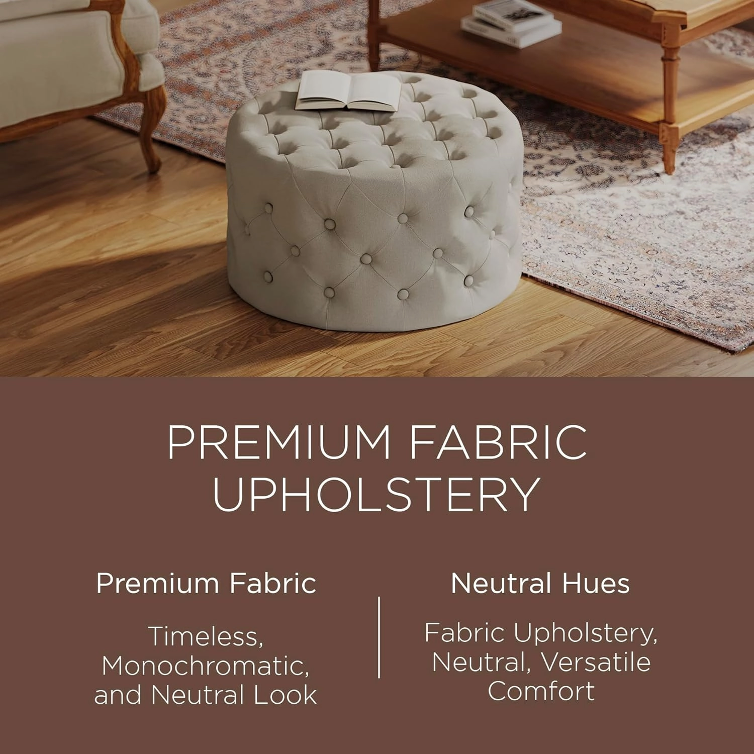 Maven Lane Marcy Traditional Large Round Ottoman, Cushioned Footrest for Living Room Couch, Chair, or Dorm Room in Rustic Dove Fabric Upholstery