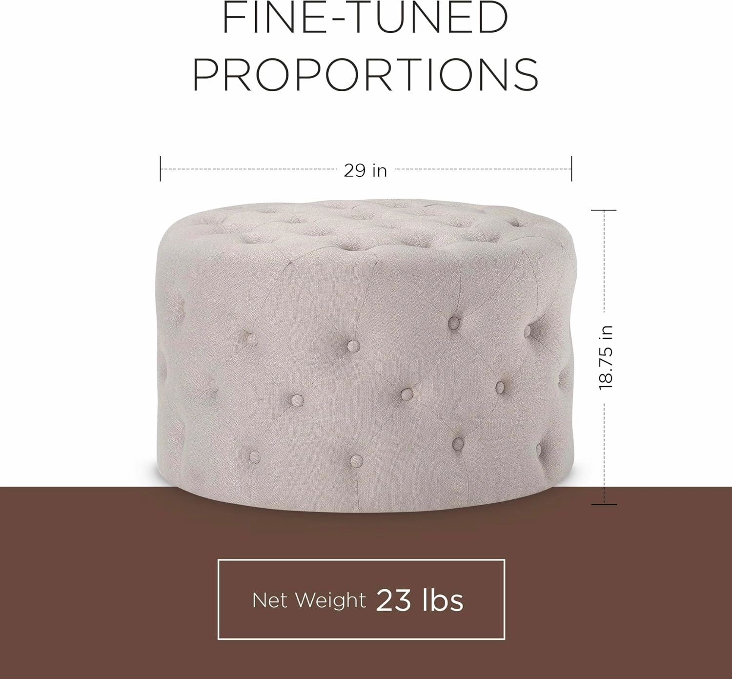 Maven Lane Marcy Traditional Large Round Ottoman, Cushioned Footrest for Living Room Couch, Chair, or Dorm Room in Rustic Dove Fabric Upholstery