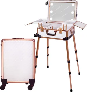 Medium Makeup Train Case with Code Lock, Lighted Mirror, Music Speaker Travel Cosmetic Organizer Box, Professional Artist Trolley Studio Free Standing Case, White