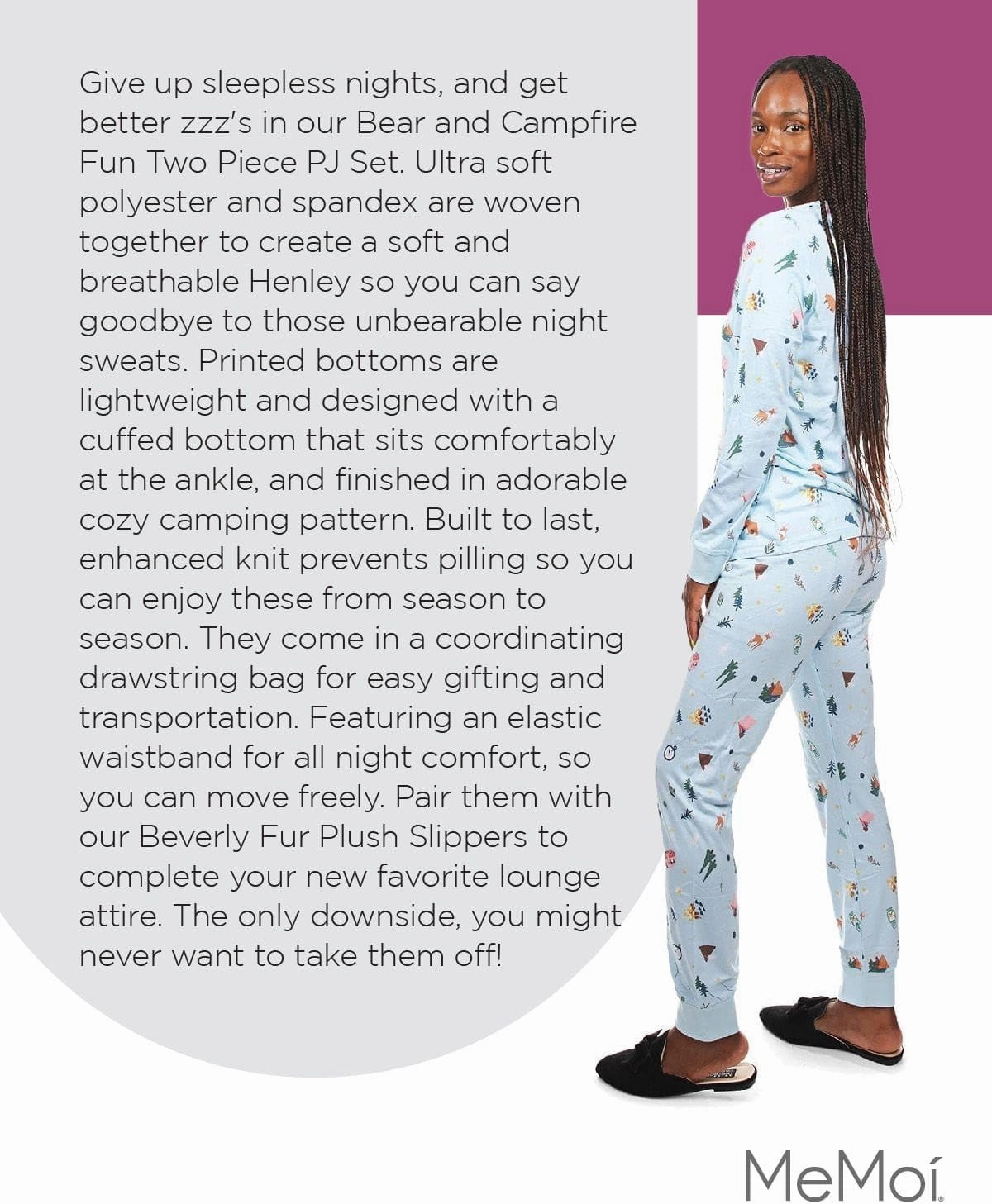 MeMoi Women's Bear and Campfire Fun Two-Piece PJ Set in a Bag