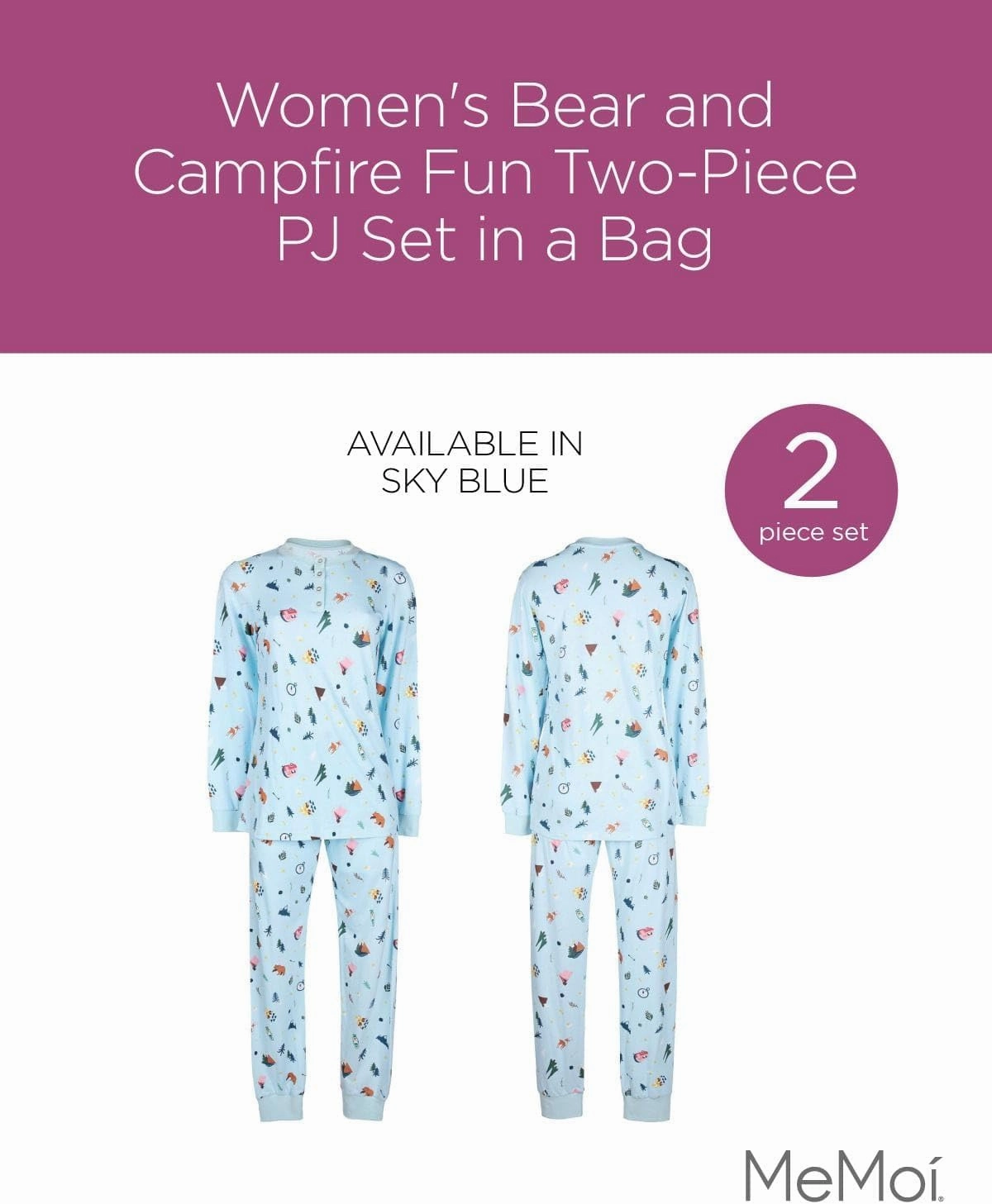 MeMoi Women's Bear and Campfire Fun Two-Piece PJ Set in a Bag