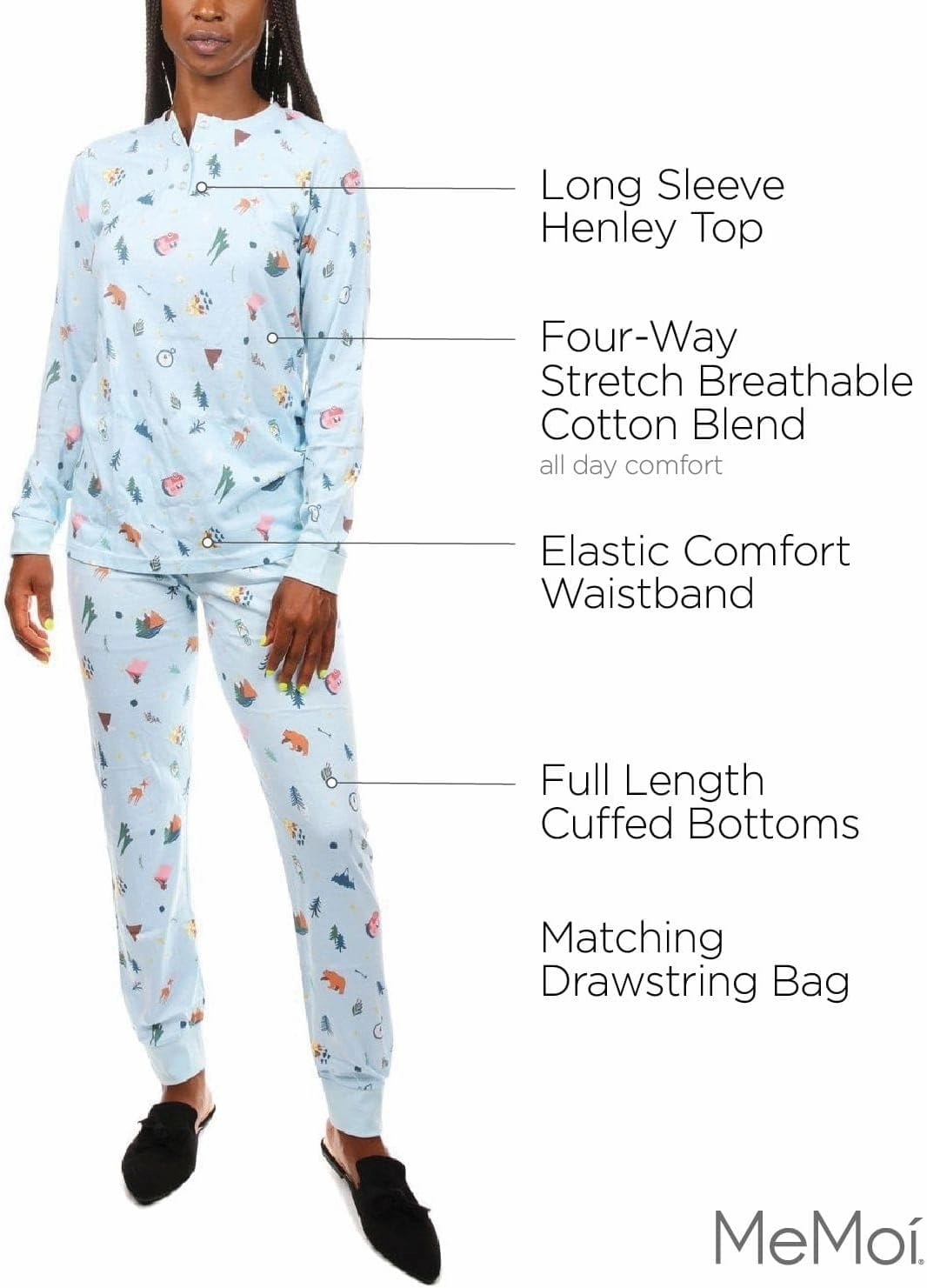 MeMoi Women's Bear and Campfire Fun Two-Piece PJ Set in a Bag