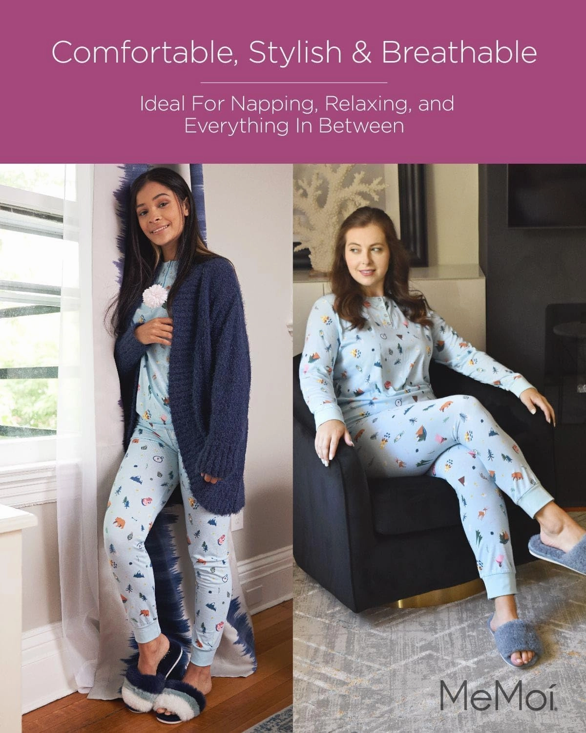 MeMoi Women's Bear and Campfire Fun Two-Piece PJ Set in a Bag
