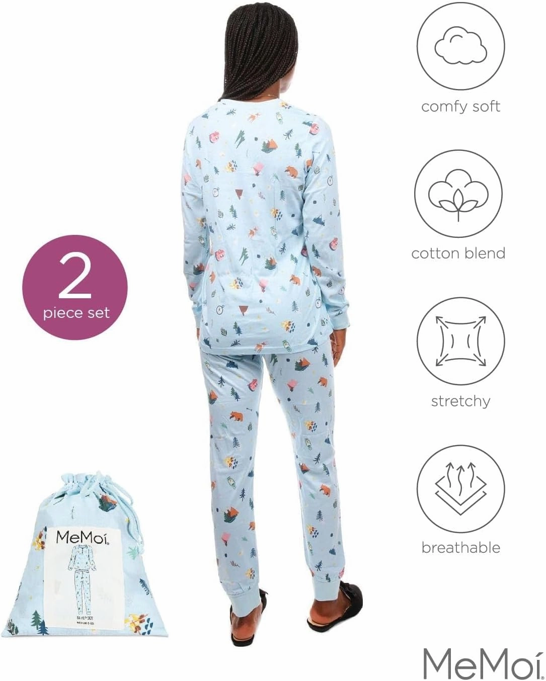 MeMoi Women's Bear and Campfire Fun Two-Piece PJ Set in a Bag
