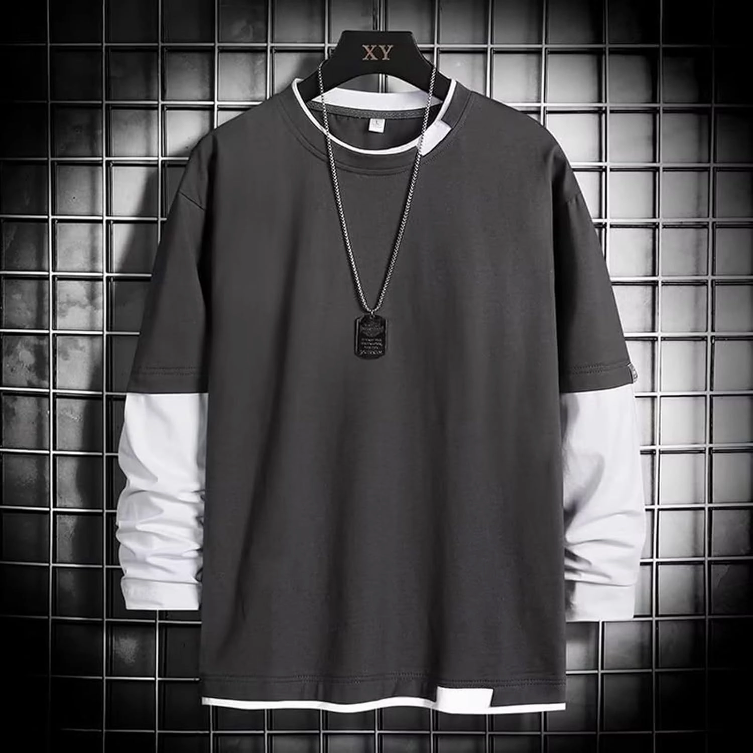Men's Sweatshirt Raglan Sleeve Fake Two Piece Crewneck Long Sleeve Pullover Tops Fashion Lightweight Comfy Streetwear