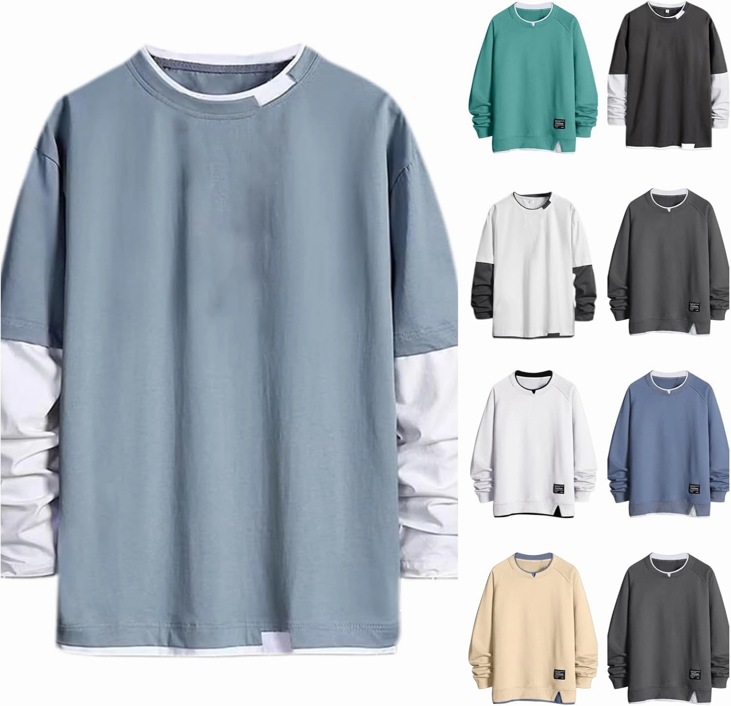 Men's Sweatshirt Raglan Sleeve Fake Two Piece Crewneck Long Sleeve Pullover Tops Fashion Lightweight Comfy Streetwear