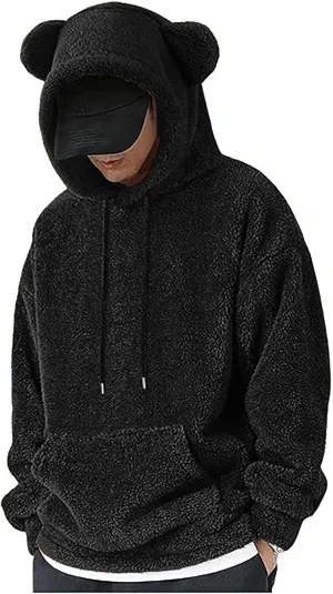 Men's Teddy Bear Ear Hoodies Pullover Oversized Long Sleeve Fuzzy Fleece Hooded Sweatshirts Soft Warm Plush Homewear