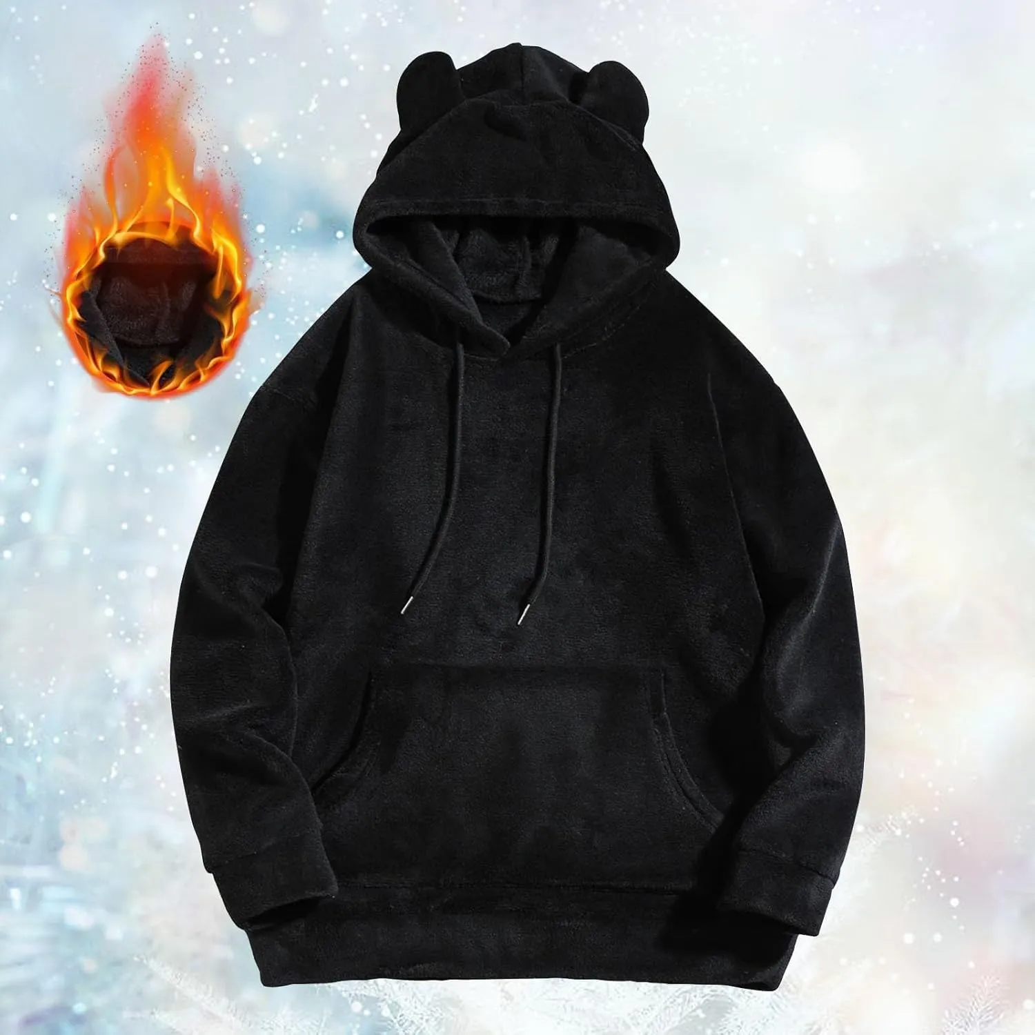 Men's Teddy Bear Ear Hoodies Pullover Oversized Long Sleeve Fuzzy Fleece Hooded Sweatshirts Soft Warm Plush Homewear