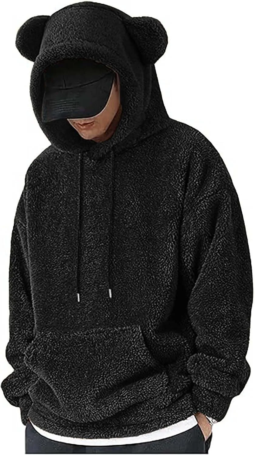 Men's Teddy Bear Ear Hoodies Pullover Oversized Long Sleeve Fuzzy Fleece Hooded Sweatshirts Soft Warm Plush Homewear