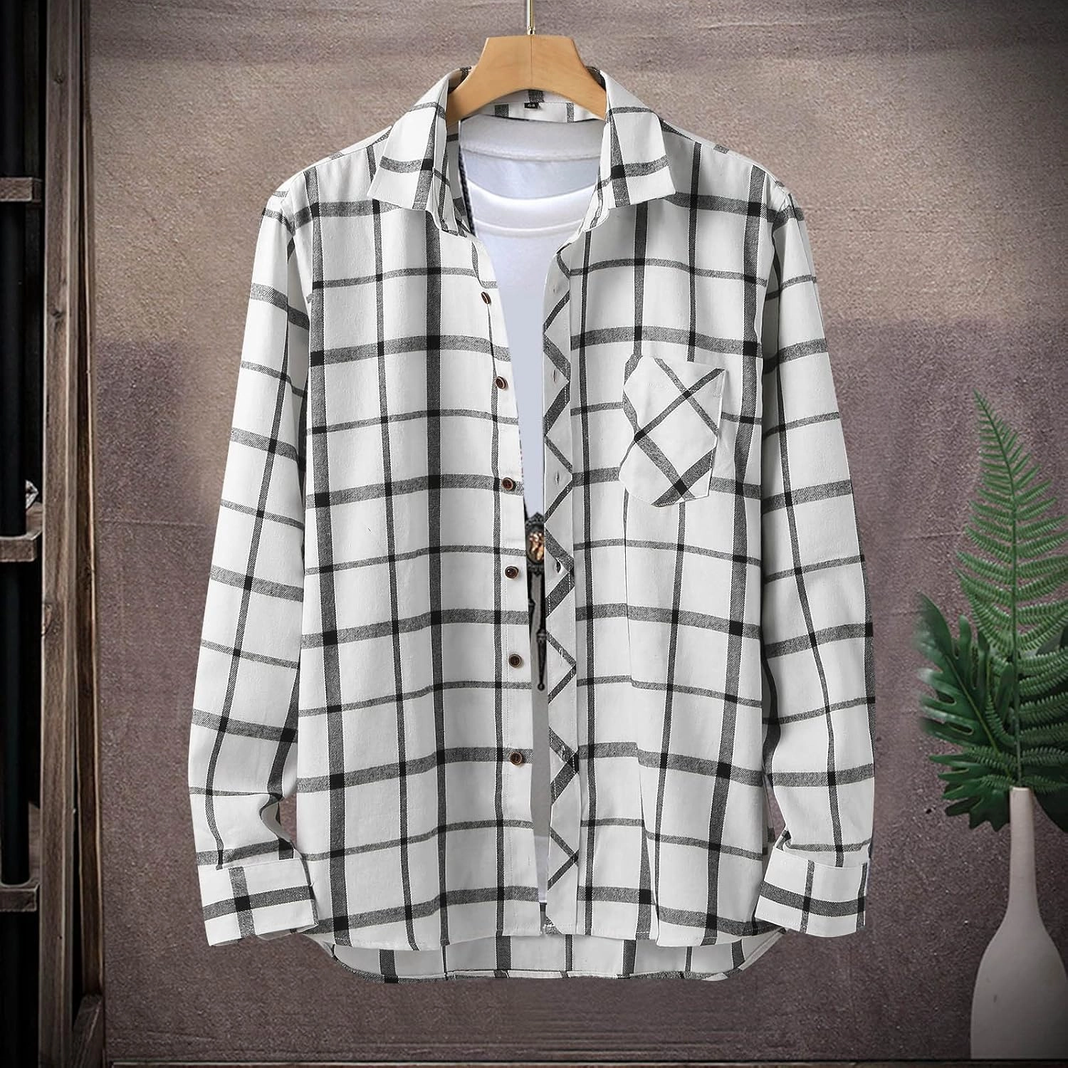 Mens Plaid Jacket Fashionable Square Printing Lightweight Breathable Long Sleeve Lapel Formal Shirt with Hood for