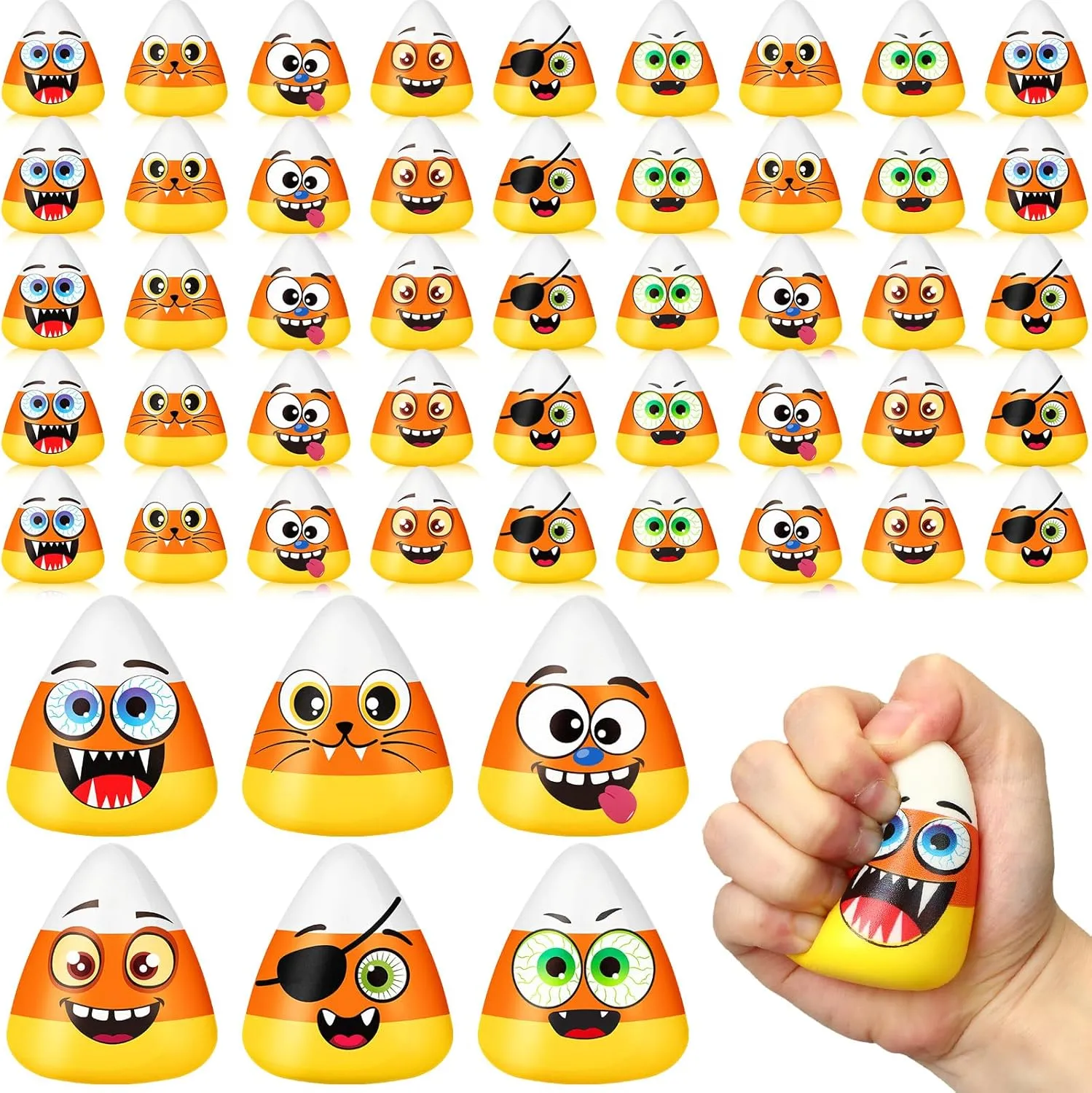 Meooeck 50 Pcs Mini Candy Corn Stress Relief Fidget Toys Halloween Party Favors Candy Stretchy Ball with Emotion Trick or Treat Supplies for Halloween Party Birthday Goodie Bag Filler, 6 Expressions