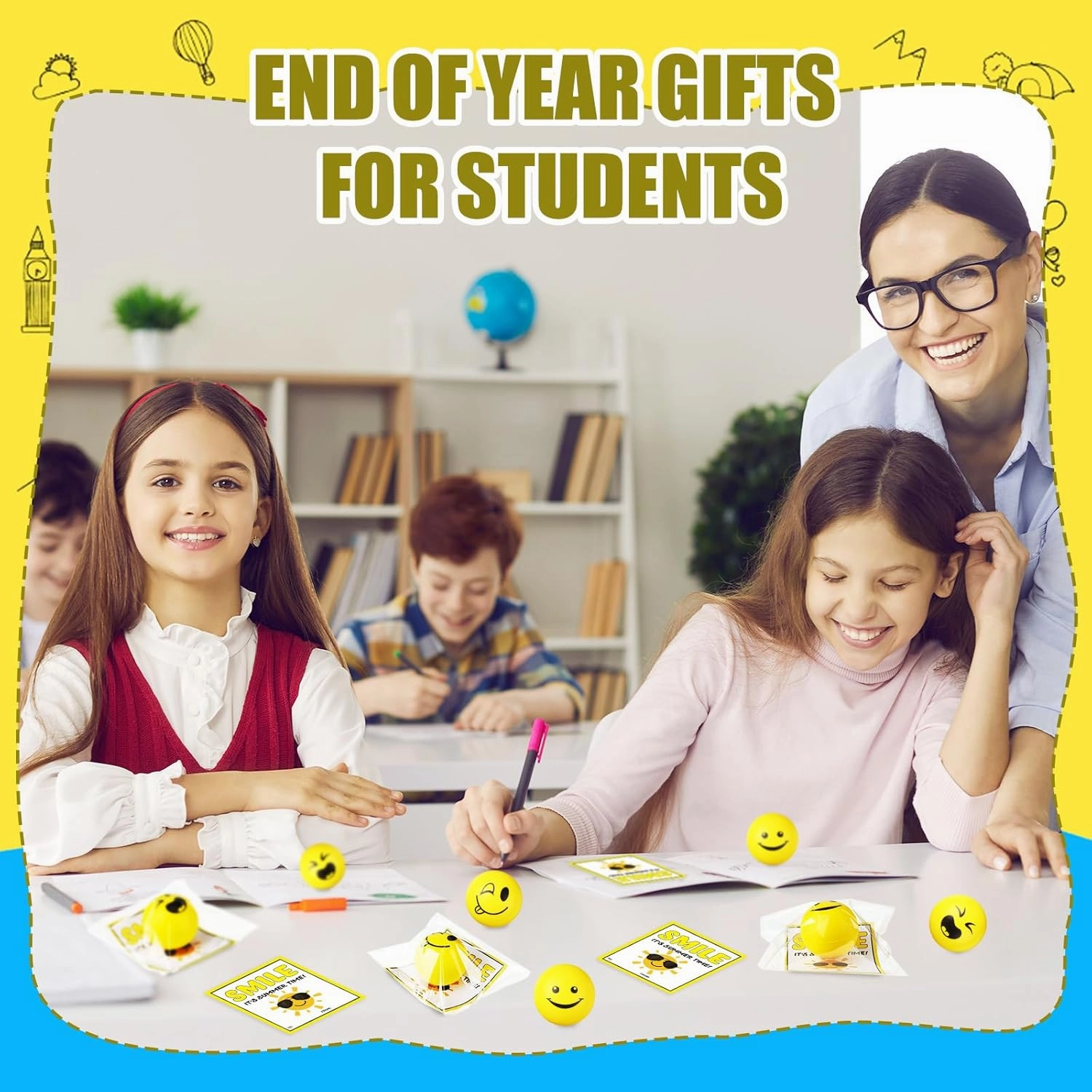 Meooeck 24 Pack Stress Balls End of The Year Gifts for Students Smile Face 2 Inch Squeeze Ball with Wish Card Smile Stress Balls School for Classroom Exchange Prize Party Favor (Yellow)