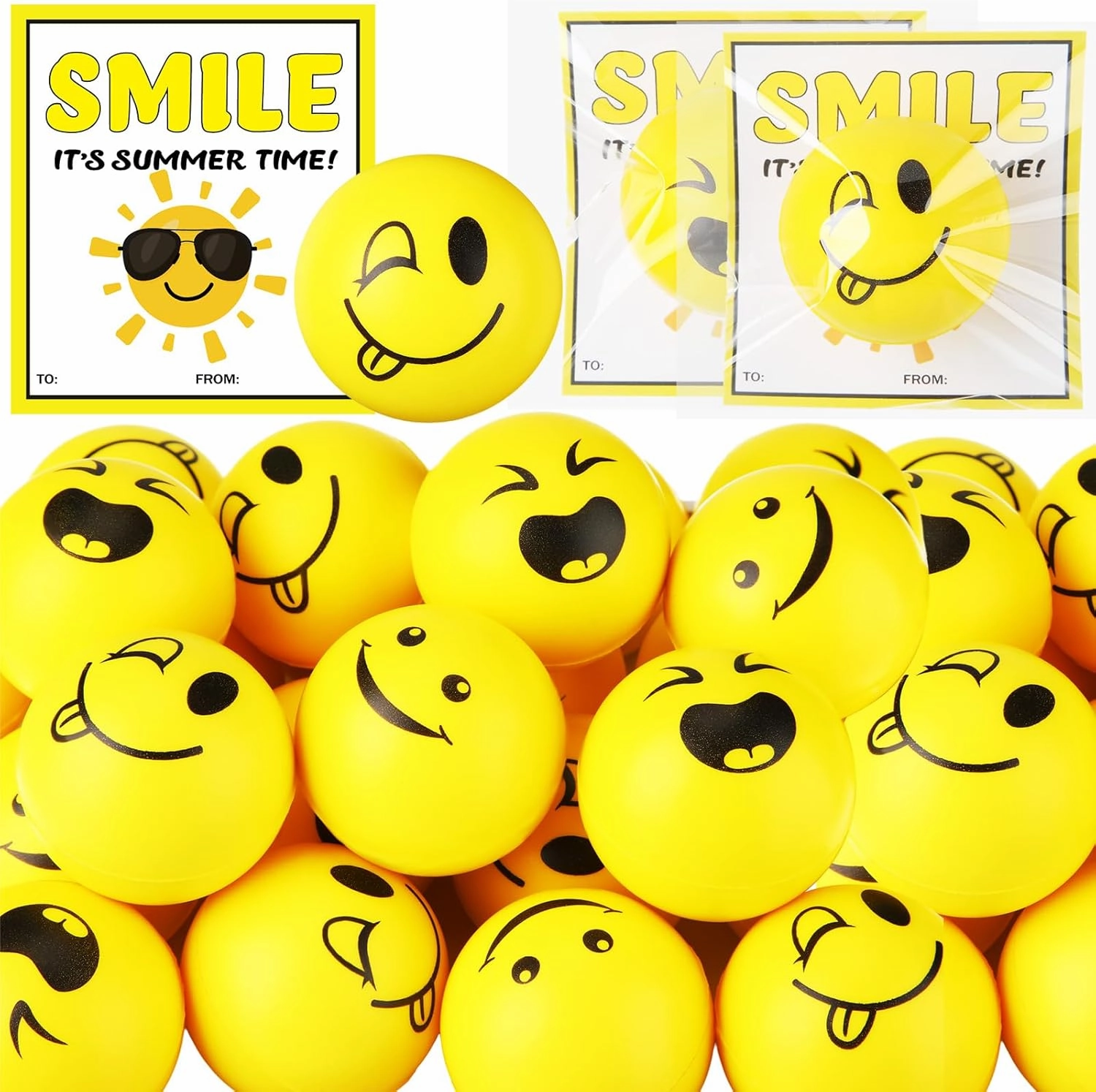 Meooeck 24 Pack Stress Balls End of The Year Gifts for Students Smile Face 2 Inch Squeeze Ball with Wish Card Smile Stress Balls School for Classroom Exchange Prize Party Favor (Yellow)