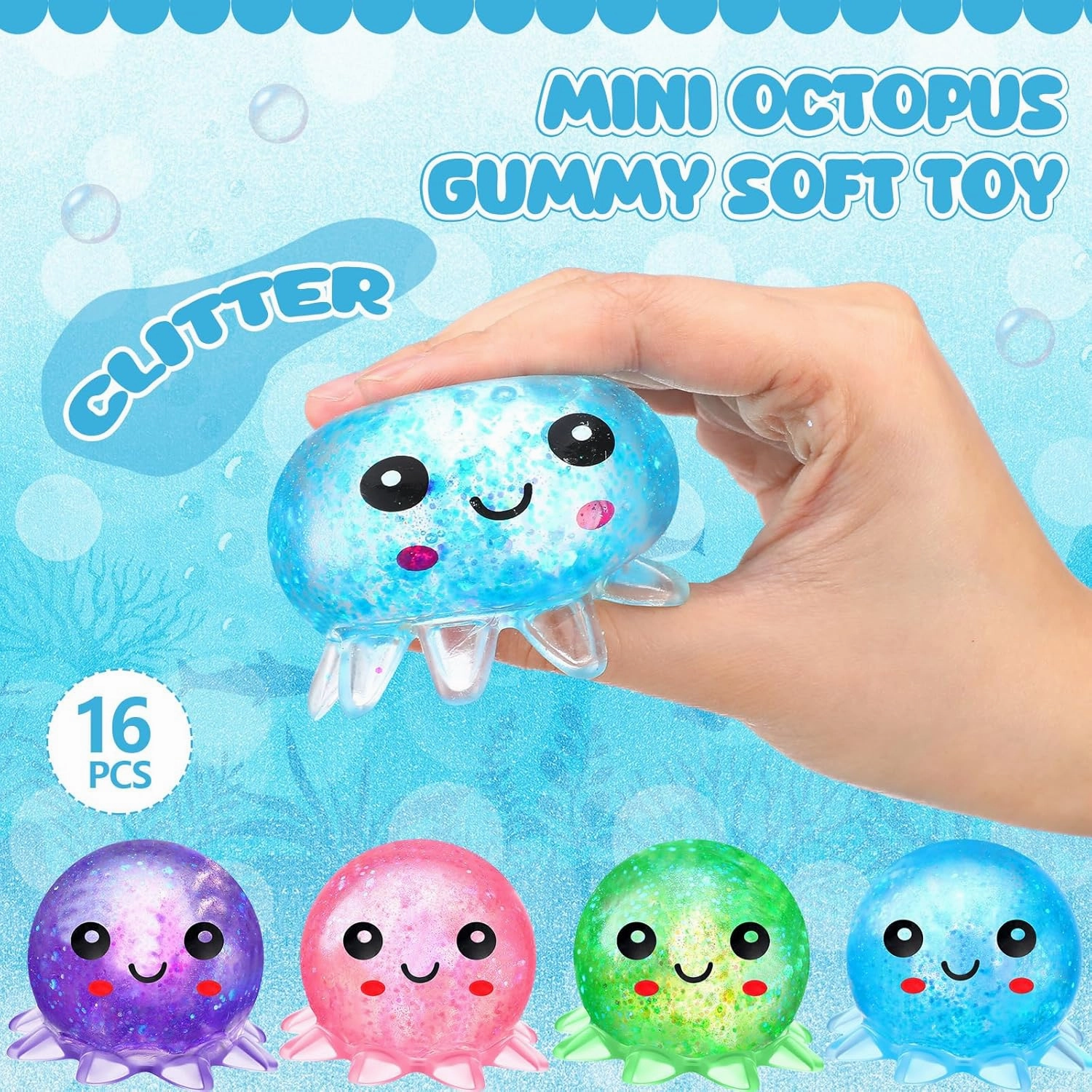 Meooeck Maltose Adult Stress Relief Balls Cute Sensory Fidget Toy Stress Relief Balls Inside for Anxiety, Autism, ADHD, Large Capacity Soft Squeeze Ball Set Birthday Party Favors (Octopus, 16)