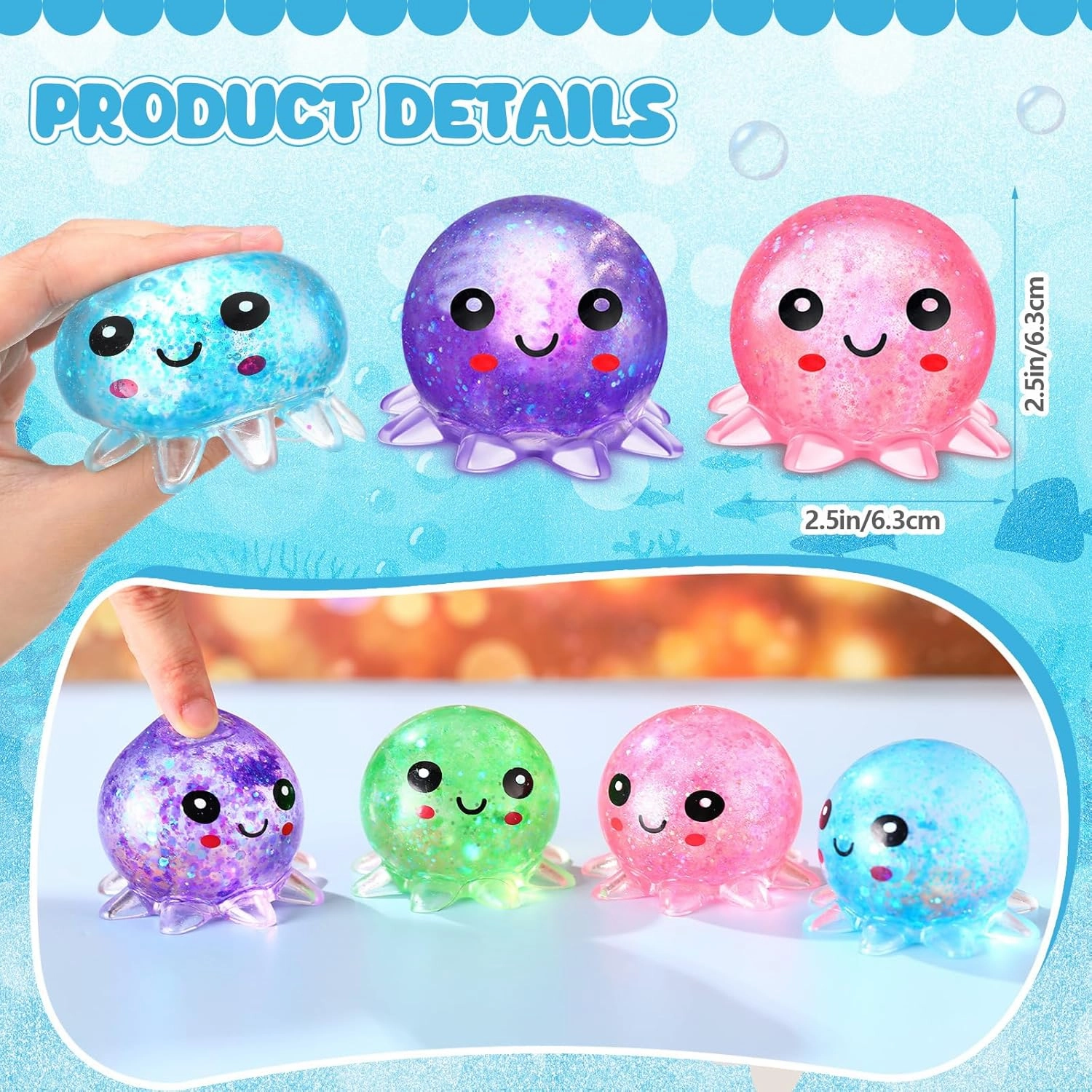 Meooeck Maltose Adult Stress Relief Balls Cute Sensory Fidget Toy Stress Relief Balls Inside for Anxiety, Autism, ADHD, Large Capacity Soft Squeeze Ball Set Birthday Party Favors (Octopus, 16)