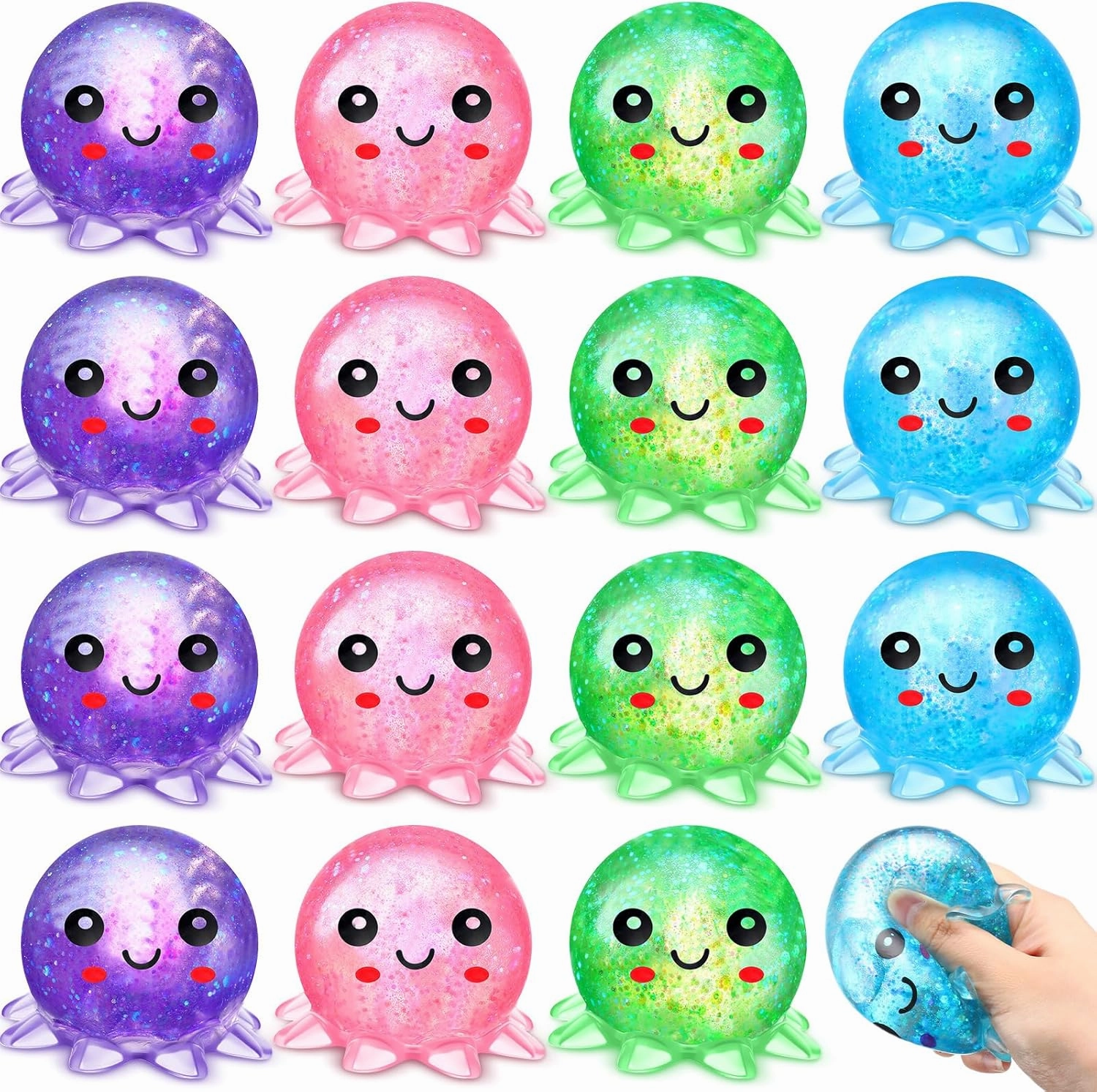 Meooeck Maltose Adult Stress Relief Balls Cute Sensory Fidget Toy Stress Relief Balls Inside for Anxiety, Autism, ADHD, Large Capacity Soft Squeeze Ball Set Birthday Party Favors (Octopus, 16)
