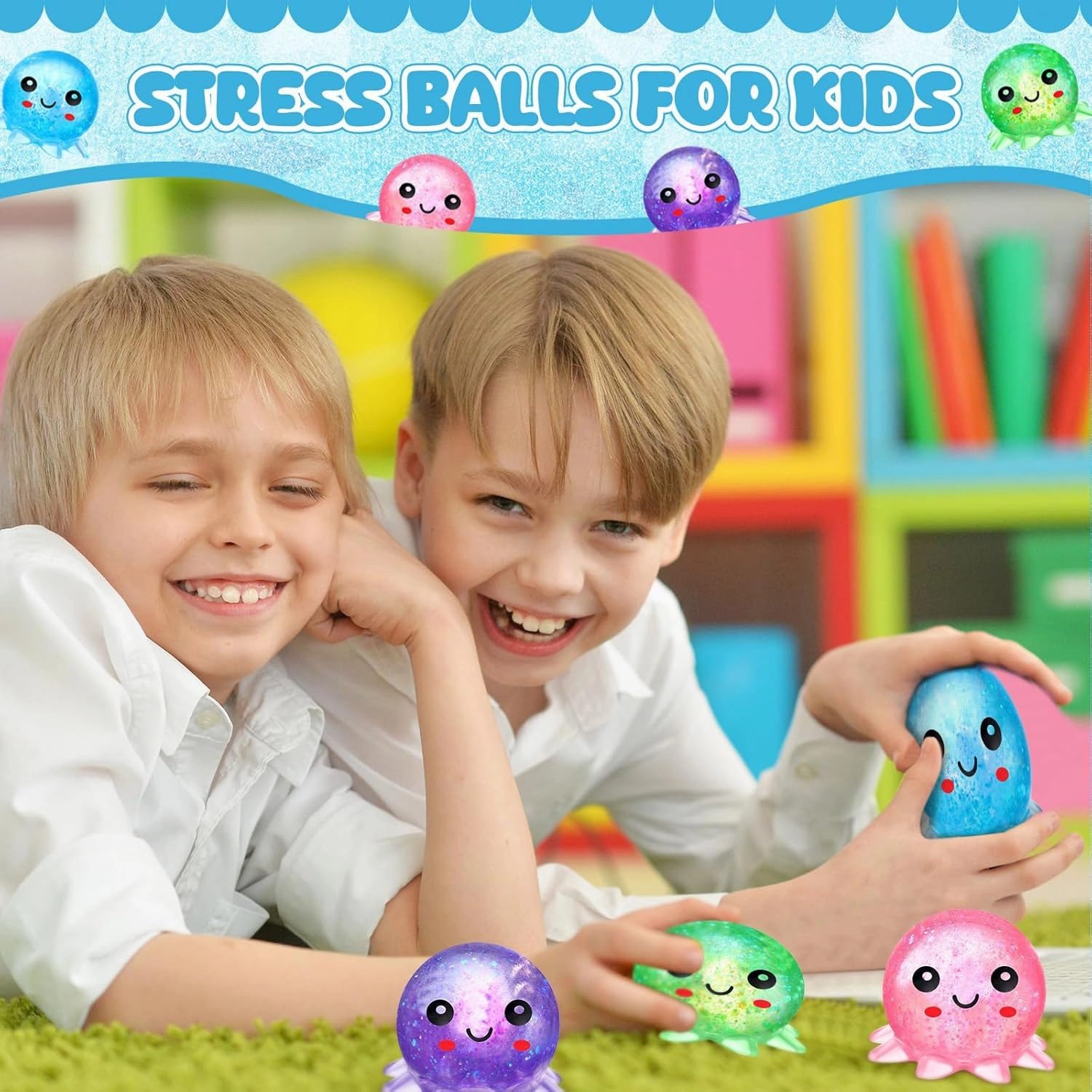 Meooeck Maltose Adult Stress Relief Balls Cute Sensory Fidget Toy Stress Relief Balls Inside for Anxiety, Autism, ADHD, Large Capacity Soft Squeeze Ball Set Birthday Party Favors (Octopus, 16)