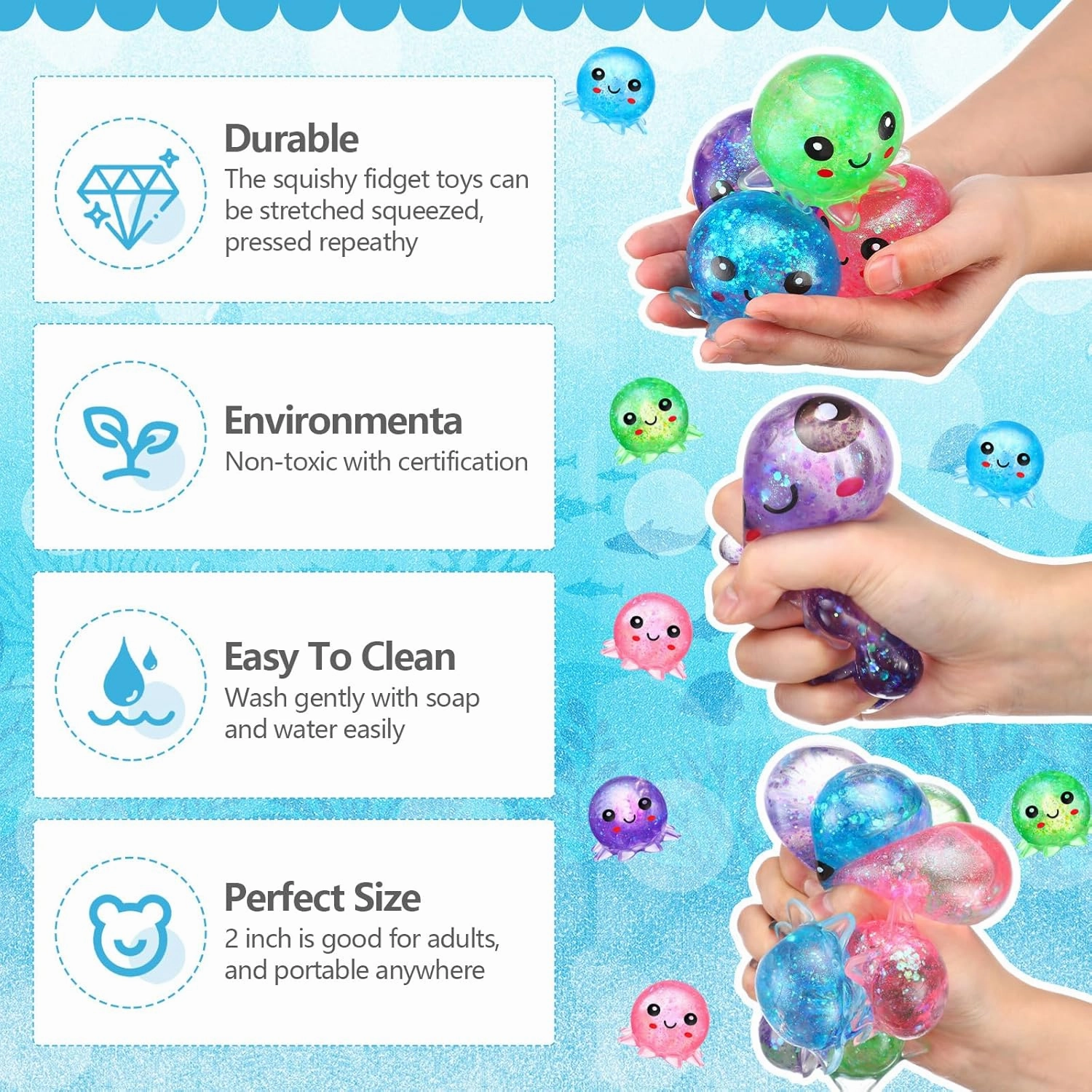 Meooeck Maltose Adult Stress Relief Balls Cute Sensory Fidget Toy Stress Relief Balls Inside for Anxiety, Autism, ADHD, Large Capacity Soft Squeeze Ball Set Birthday Party Favors (Octopus, 16)