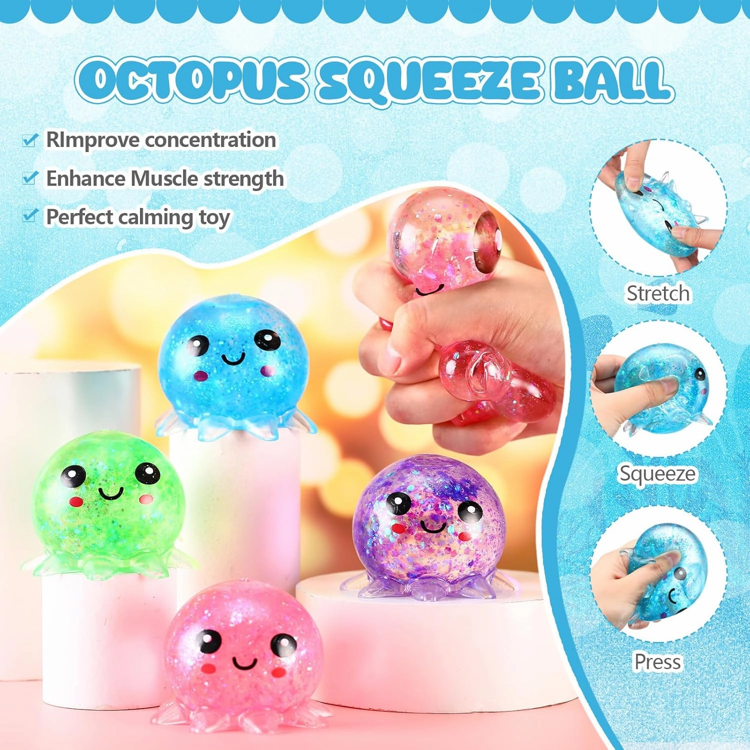 Meooeck Maltose Adult Stress Relief Balls Cute Sensory Fidget Toy Stress Relief Balls Inside for Anxiety, Autism, ADHD, Large Capacity Soft Squeeze Ball Set Birthday Party Favors (Octopus, 16)