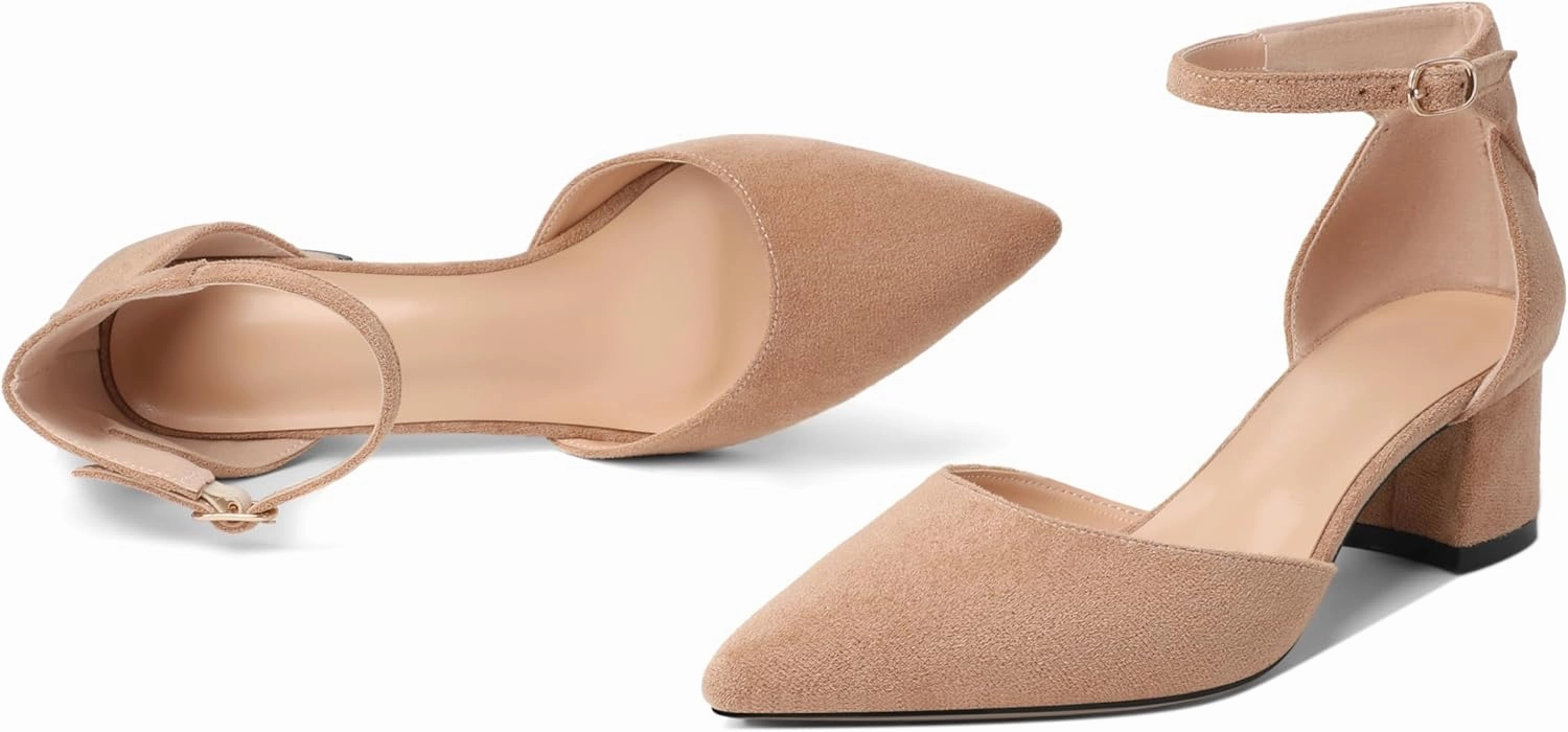 Mettesally Women's Low Block Heels Chunky Heel Closed Pointed Toe D'Orsay Pumps Ankle Strap Heeled Party Dress Shoes