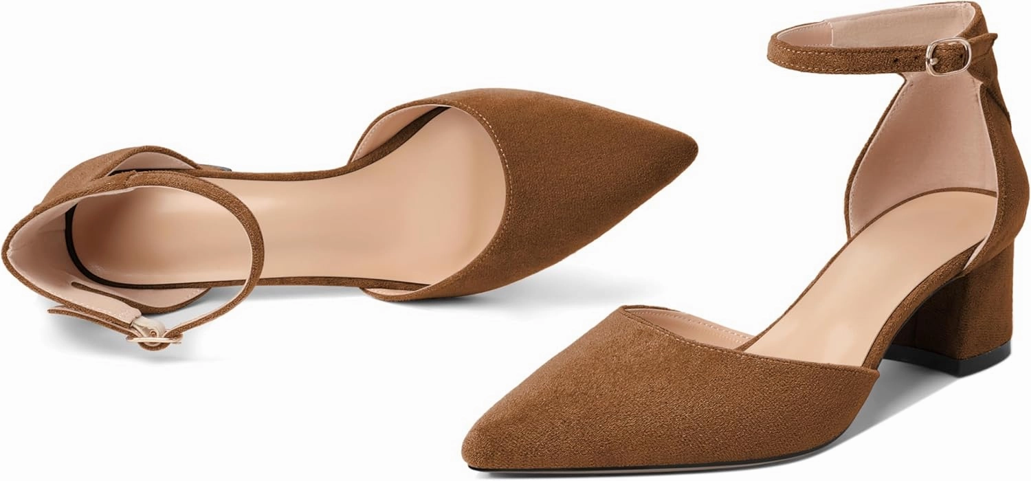 Mettesally Women's Low Block Heels Chunky Heel Closed Pointed Toe D'Orsay Pumps Ankle Strap Heeled Party Dress Shoes