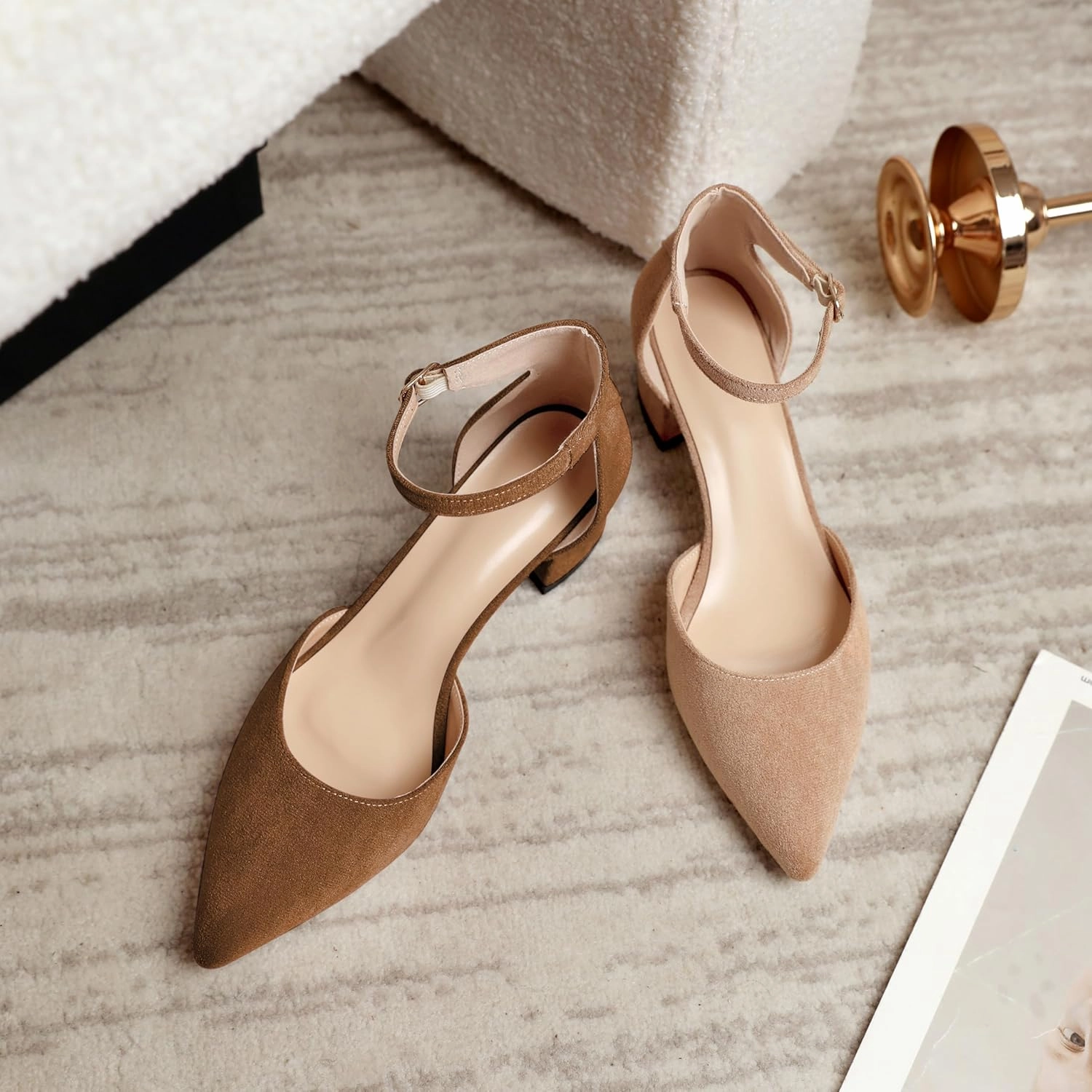 Mettesally Women's Low Block Heels Chunky Heel Closed Pointed Toe D'Orsay Pumps Ankle Strap Heeled Party Dress Shoes