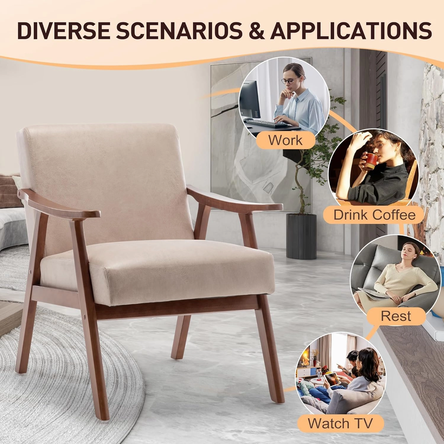 Mid-Century Modern Wingback Chair with Solid Wood Frame and Plush Velvet Upholstery - Perfect Accent Chair for Bedroom, Living Room, and Reading Nook (Light CamelFabric)