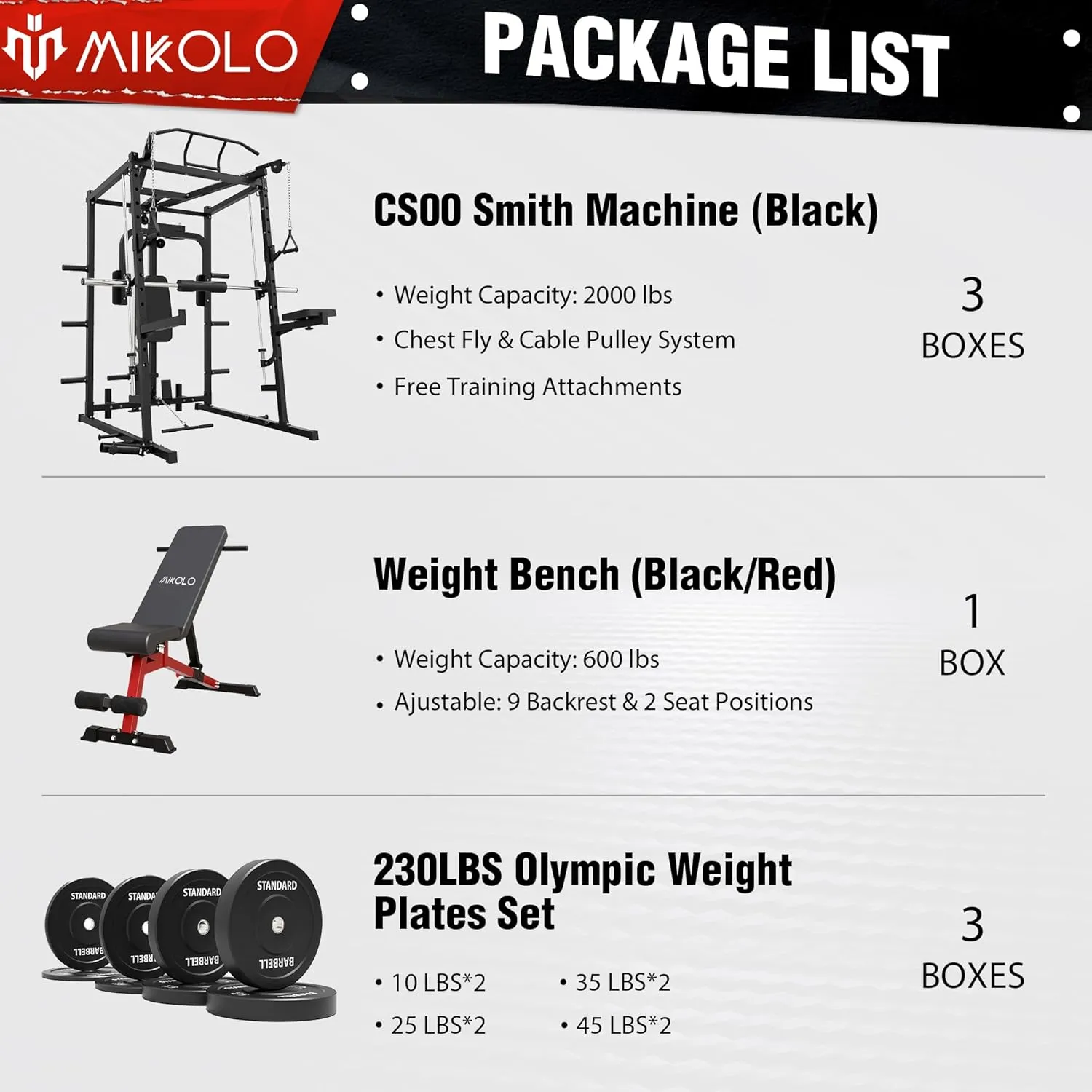 Mikolo 2000LB Multifunctional Power Cage Squat Rack with Cable Crossover Machine & Lat Pull Down System, Home Gym with 230LBS Weight Plates Set and Bench