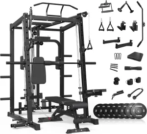 Mikolo 2000LB Multifunctional Power Cage Squat Rack with Cable Crossover Machine & Lat Pull Down System, Home Gym with 230LBS Weight Plates Set and Bench