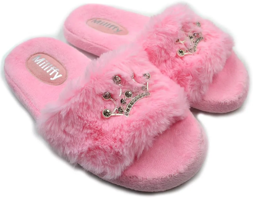 Millffy Plush Fluffy Slippers Princess Crown Bling Bling Diamond crown jewelry Ladies Shoes Pink Girl Home Slippers
