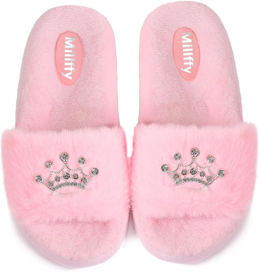 Millffy Plush Fluffy Slippers Princess Crown Bling Bling Diamond crown jewelry Ladies Shoes Pink Girl Home Slippers