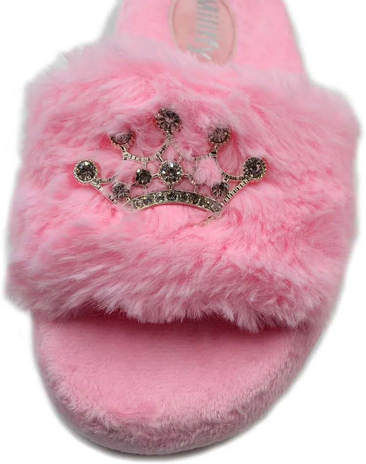 Millffy Plush Fluffy Slippers Princess Crown Bling Bling Diamond crown jewelry Ladies Shoes Pink Girl Home Slippers