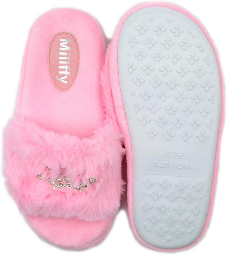 Millffy Plush Fluffy Slippers Princess Crown Bling Bling Diamond crown jewelry Ladies Shoes Pink Girl Home Slippers