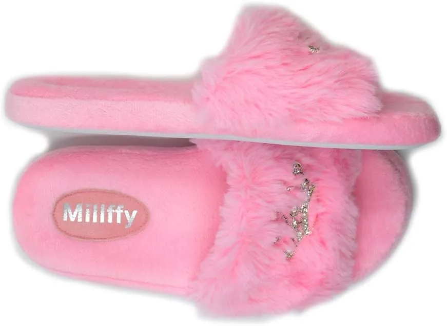 Millffy Plush Fluffy Slippers Princess Crown Bling Bling Diamond crown jewelry Ladies Shoes Pink Girl Home Slippers