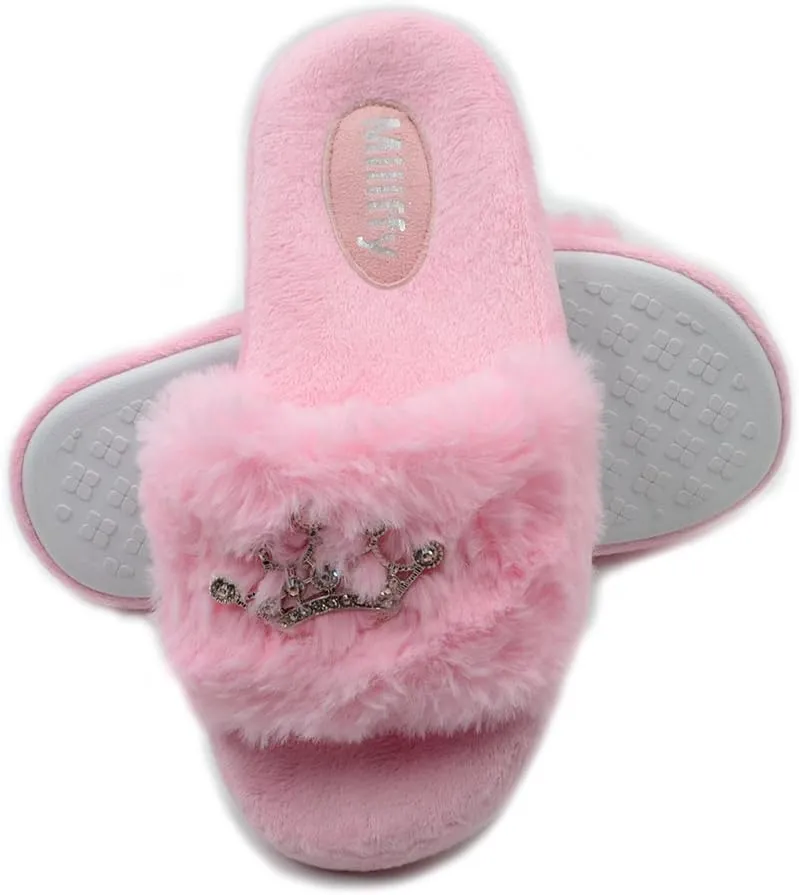 Millffy Plush Fluffy Slippers Princess Crown Bling Bling Diamond crown jewelry Ladies Shoes Pink Girl Home Slippers