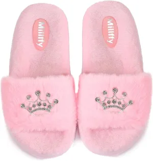 Millffy Plush Fluffy Slippers Princess Crown Bling Bling Diamond crown jewelry Ladies Shoes Pink Girl Home Slippers