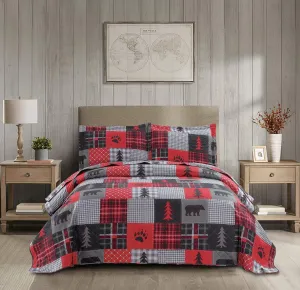 MINCHI Lodge Quilt Full/Queen Size Lightweight Rustic Cabin Bedding Red Black Buffalo Plaid Patchwork Bedspread Coverlet with Pillowshams (Red Black, Full/Queen)