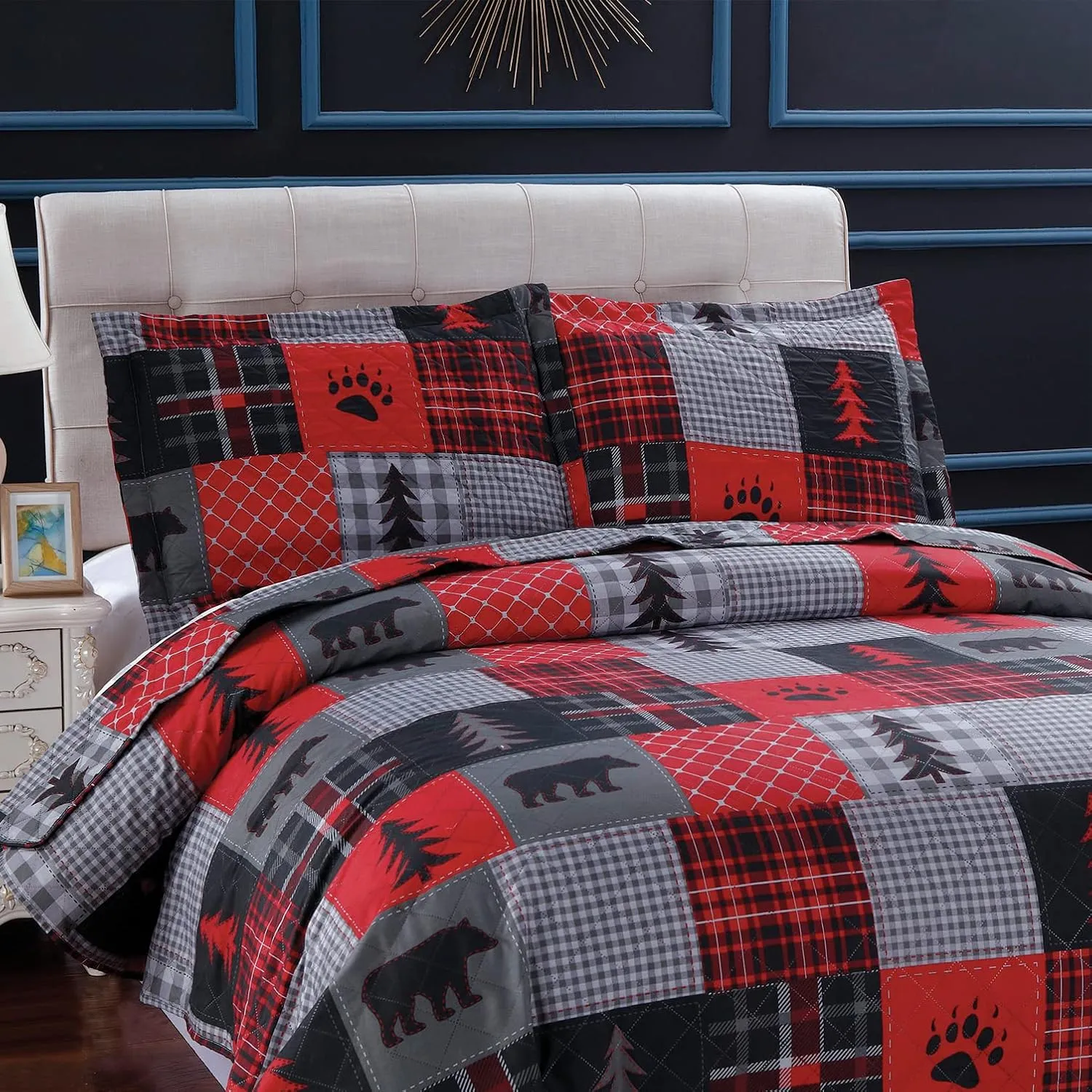 MINCHI Lodge Quilt Full/Queen Size Lightweight Rustic Cabin Bedding Red Black Buffalo Plaid Patchwork Bedspread Coverlet with Pillowshams (Red Black, Full/Queen)