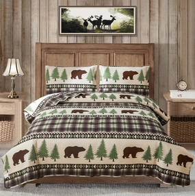 MINCHI Cabin Bear Quilts Full/Queen Size Lightweight Rustic Bedspread Brown Green Lodge Bedspread All Season Forest Tree Home Bedding Decor with 2 Pillowshams(Coffee Green, Full/Queen)
