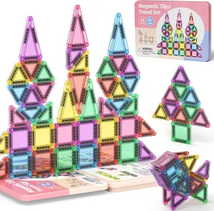 Mini Magnetic Tiles with Iron Box, 42PCS Travel Size Magnet Building Blocks Toy Set, Protable Construction Block Sensory Toys Preschool Toddler Boy Girls Age 3  STEM Educational Learning Kit