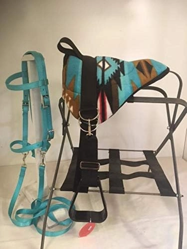 Miniature Horse/SM Pony Childrens Bareback Saddle PAD Set with BITLESS Bridle - Cinch Upgrade - Turquoise Indian Native Set