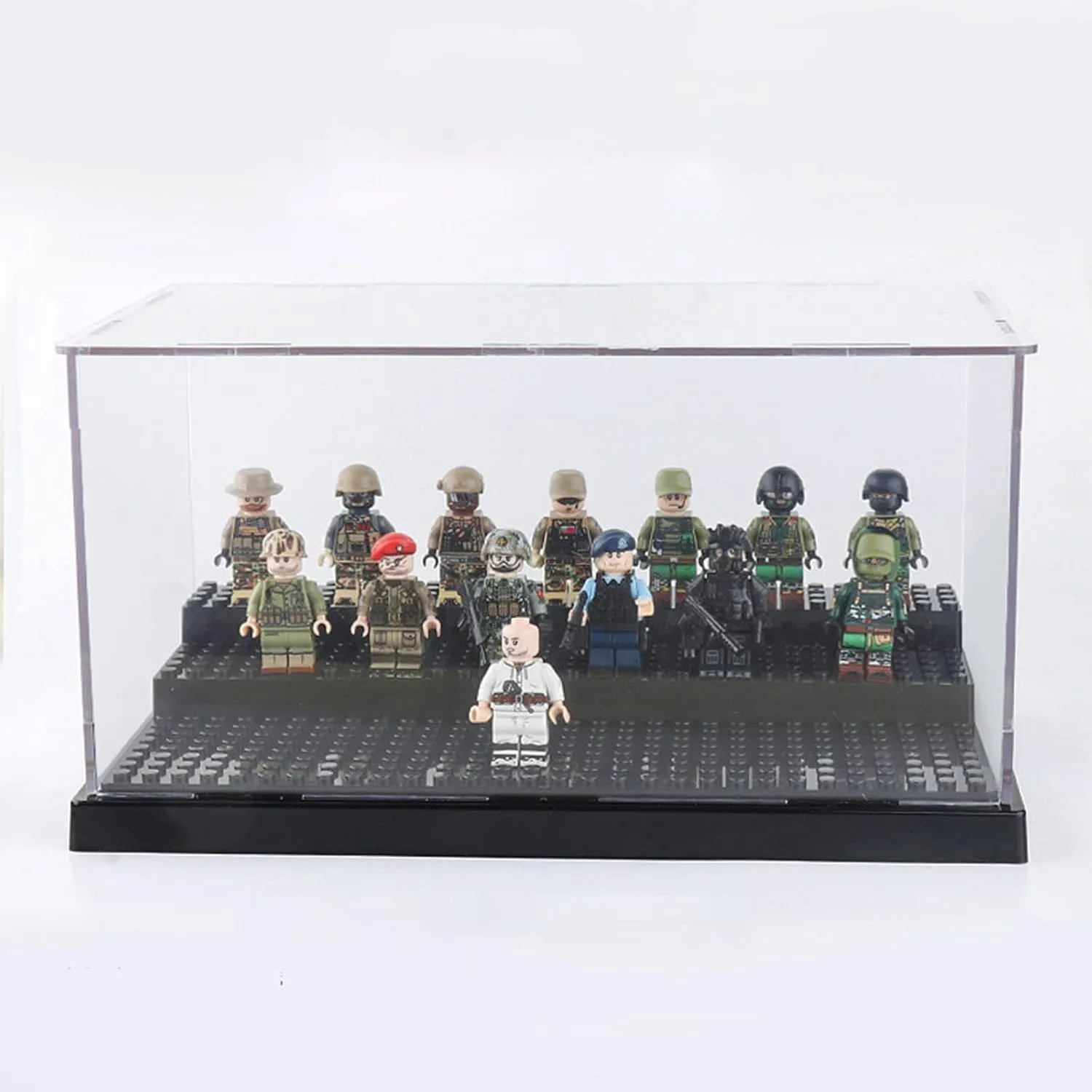 Minifigure Display Case for Action Figures Blocks, Dustproof Acrylic Display Box Storage with 3 Movable Steps for Collection Models Minifigures, Bricks Blocks Toys