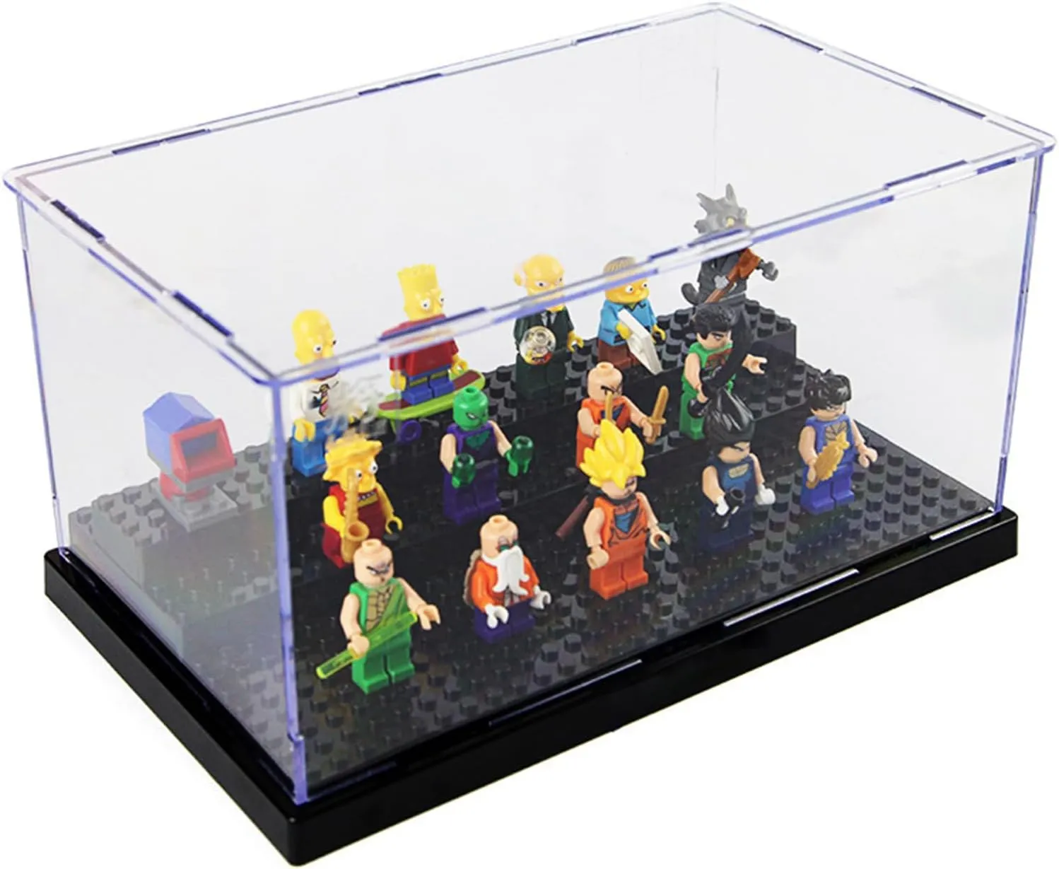 Minifigure Display Case for Action Figures Blocks, Dustproof Acrylic Display Box Storage with 3 Movable Steps for Collection Models Minifigures, Bricks Blocks Toys