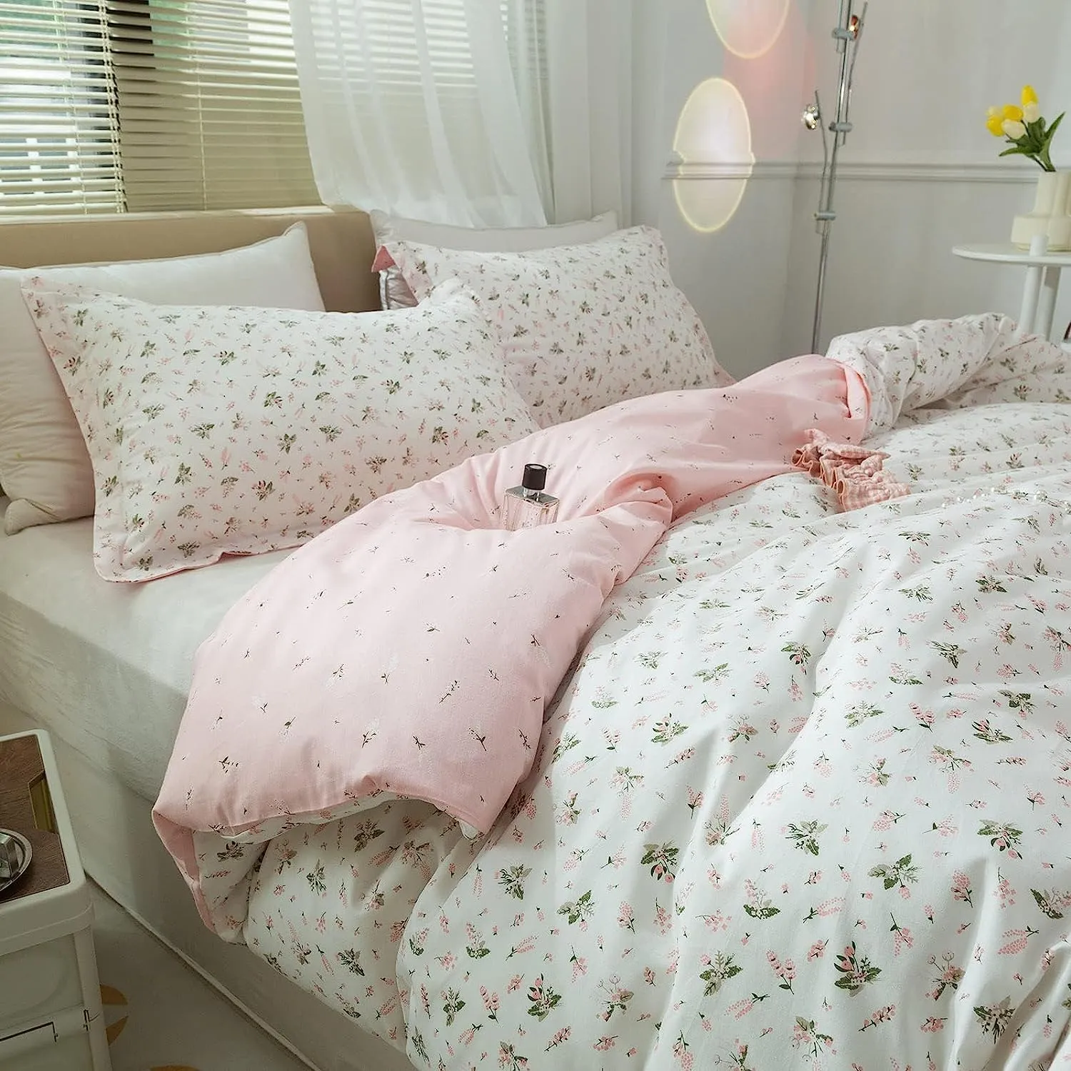 mixinni Floral Duvet Cover Twin XL Size for Teenage Girls Flowers and Leaves Printed on Soft Cotton White/Pink Bedding Duvet Cover with Two Matching Pillowcases-Twin XL Size