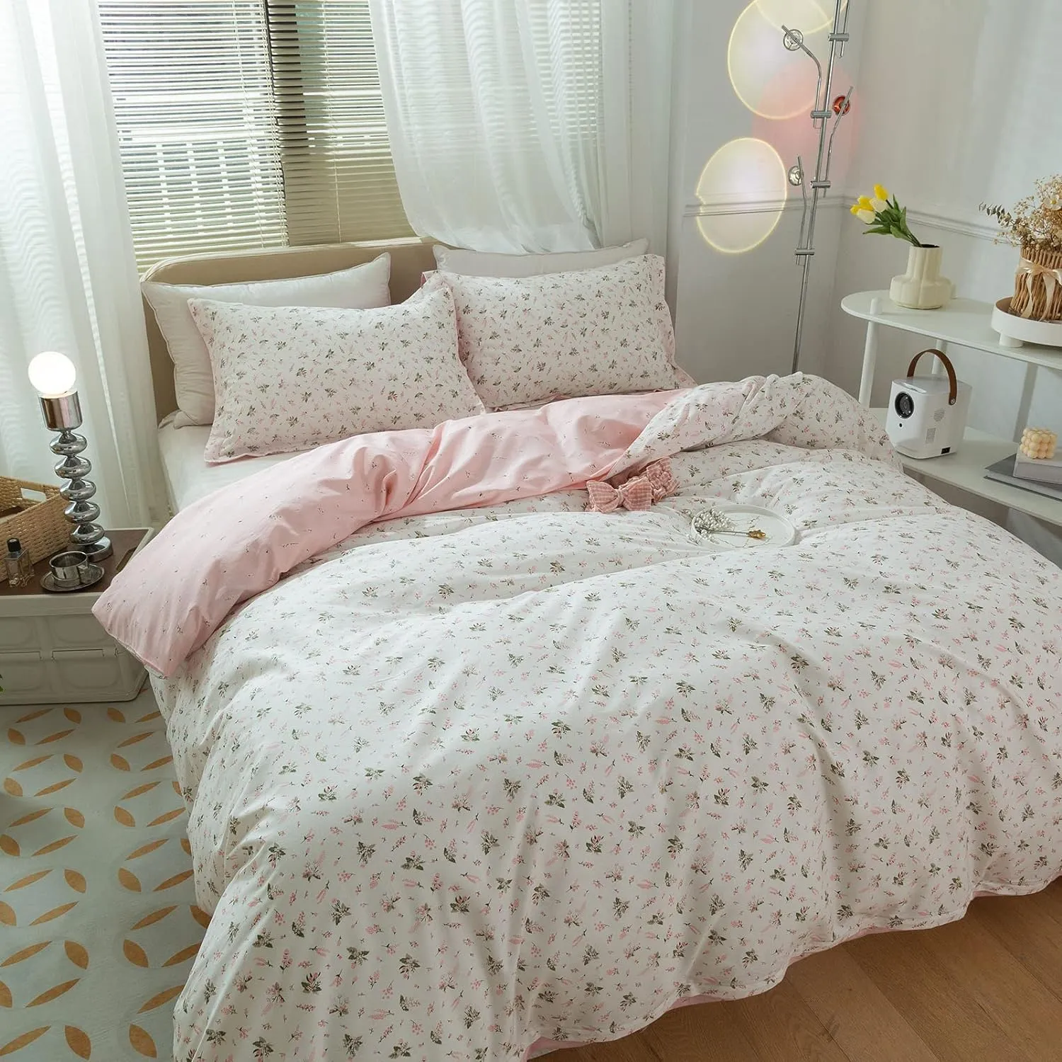 mixinni Floral Duvet Cover Twin XL Size for Teenage Girls Flowers and Leaves Printed on Soft Cotton White/Pink Bedding Duvet Cover with Two Matching Pillowcases-Twin XL Size