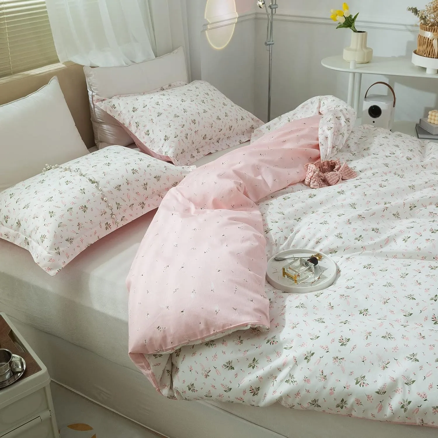 mixinni Floral Duvet Cover Twin XL Size for Teenage Girls Flowers and Leaves Printed on Soft Cotton White/Pink Bedding Duvet Cover with Two Matching Pillowcases-Twin XL Size